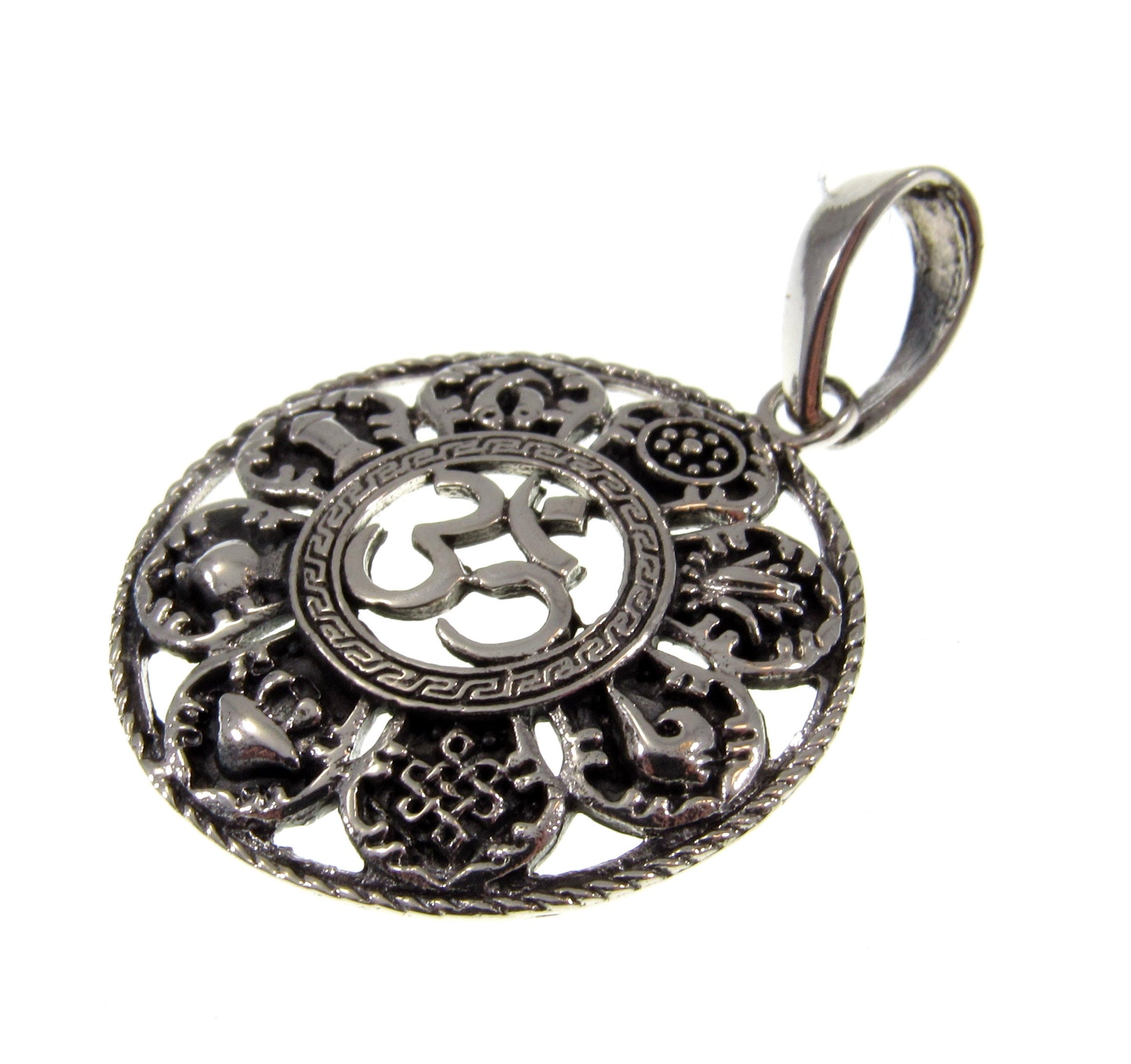 Solid 925 Sterling Silver OM/AUM/OHM Pendant With 8 Auspicious Symbols of Buddhism, Ashtamangala Amulet, Small or Large Size
