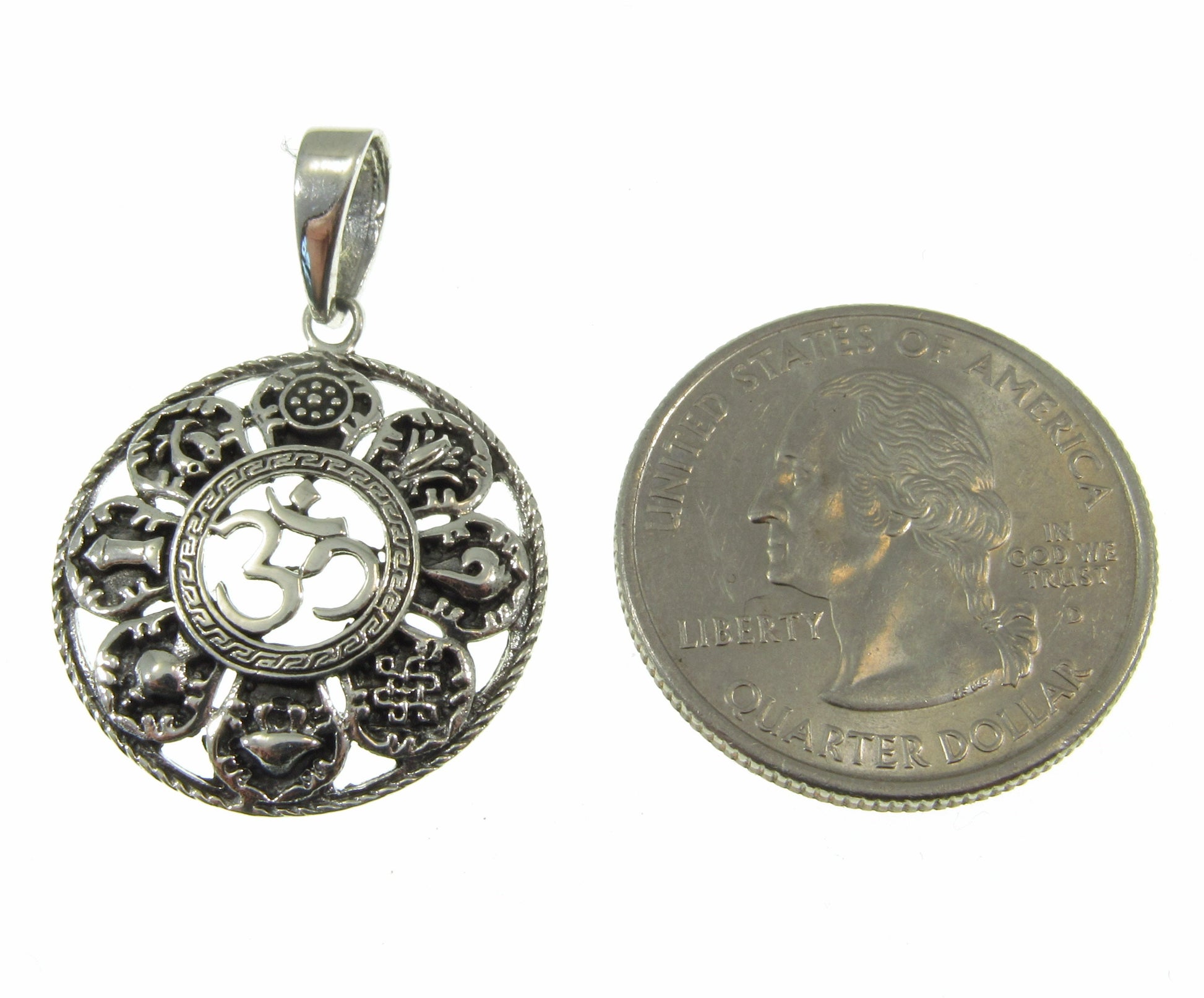 Solid 925 Sterling Silver OM/AUM/OHM Pendant With 8 Auspicious Symbols of Buddhism, Ashtamangala Amulet, Small or Large Size