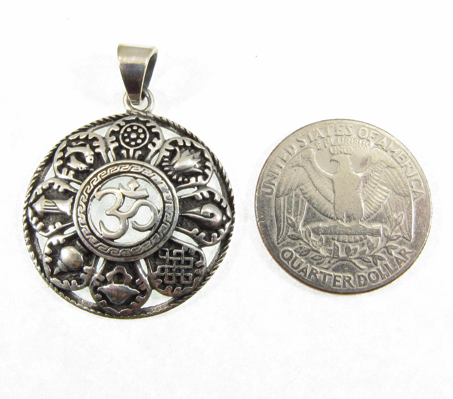 Solid 925 Sterling Silver OM/AUM/OHM Pendant With 8 Auspicious Symbols of Buddhism, Ashtamangala Amulet, Small or Large Size