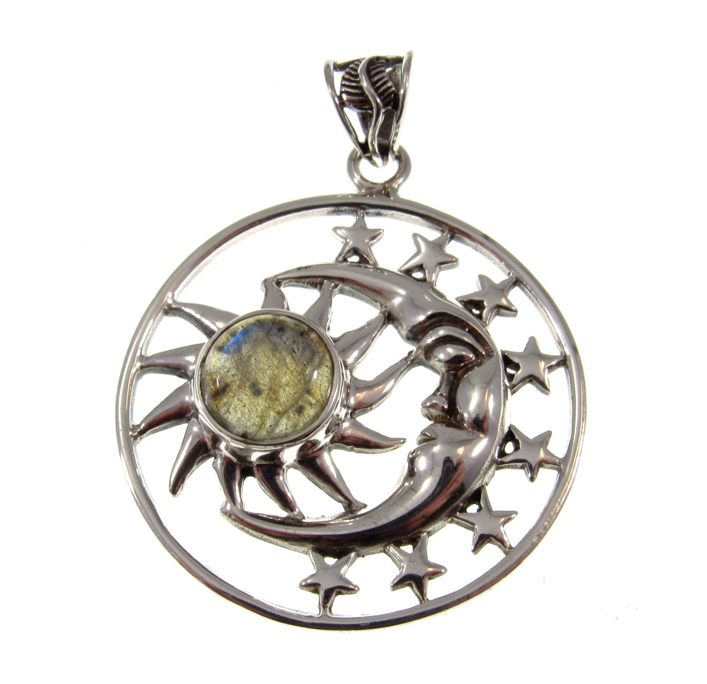 Solid 925 Sterling Silver Sun Moon & Stars Pendant, Handcrafted with Gemstone, Unique Mystical Amulet, Cosmic Celestial Wiccan Jewelry