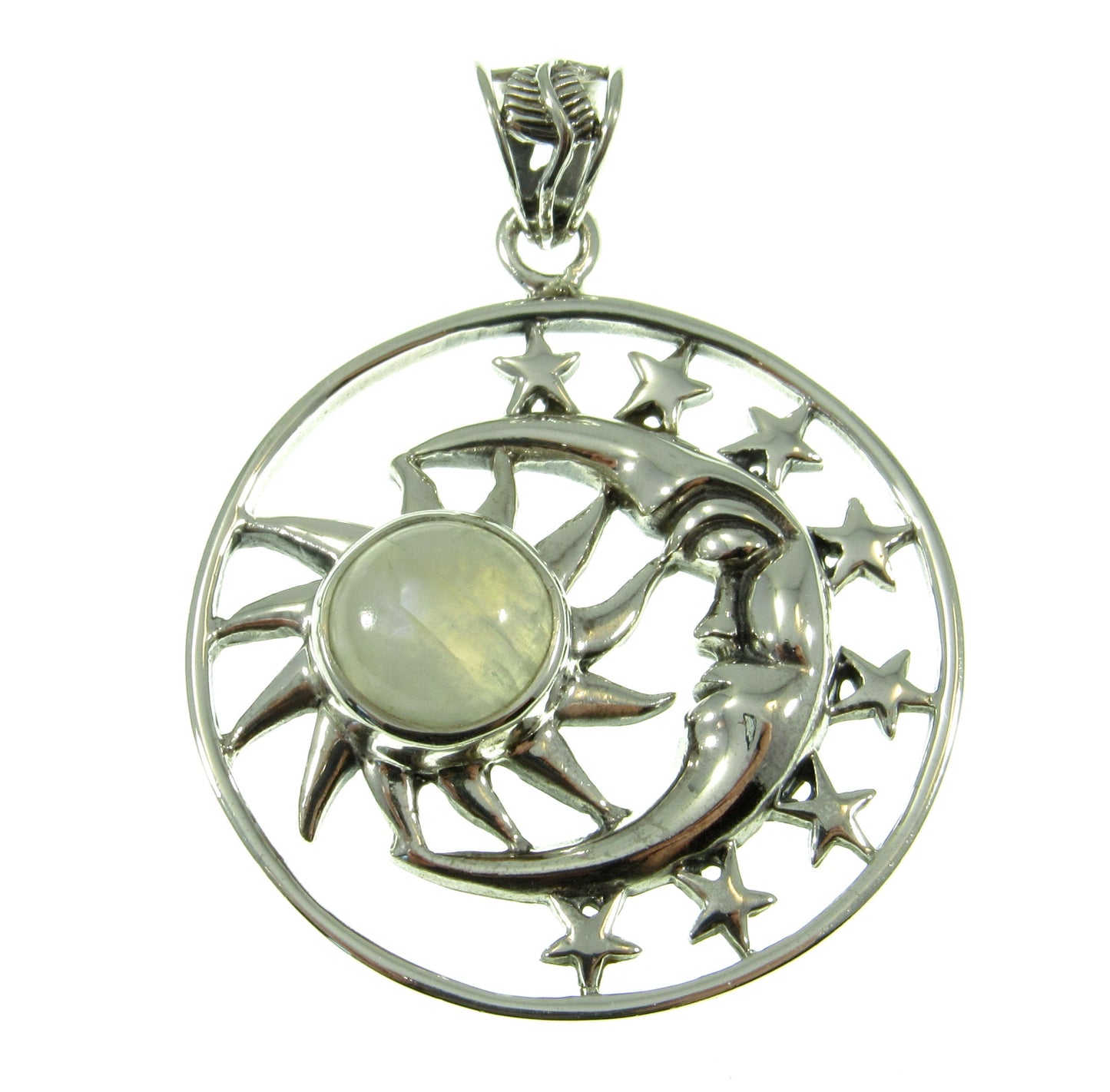 Solid 925 Sterling Silver Sun Moon & Stars Pendant, Handcrafted with Gemstone, Unique Mystical Amulet, Cosmic Celestial Wiccan Jewelry