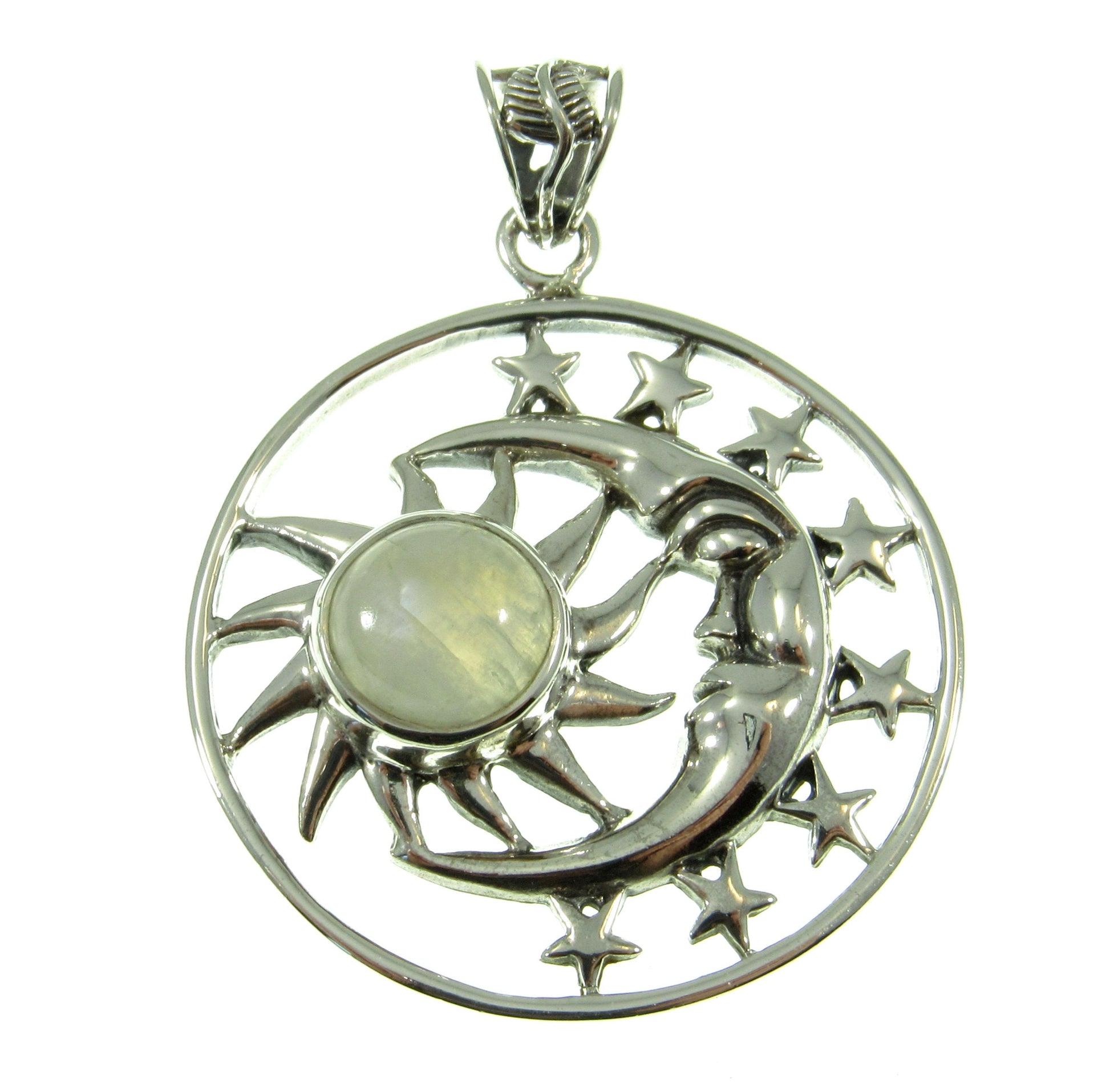 Solid 925 Sterling Silver Sun Moon & Stars Pendant, Handcrafted with Gemstone, Unique Mystical Amulet, Cosmic Celestial Wiccan Jewelry