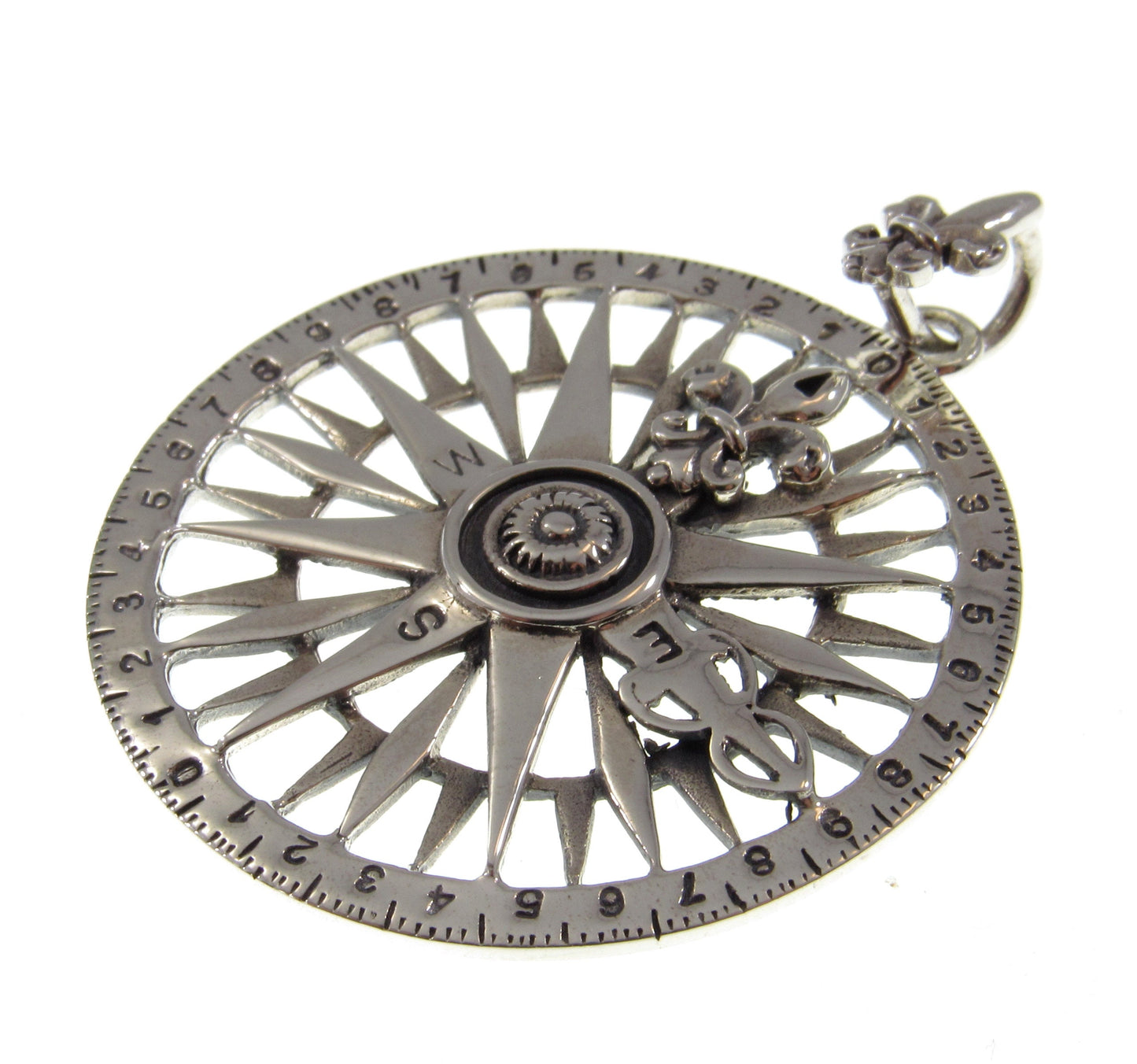 Solid 925 Sterling Silver Rose Compass Pendant, Celtic Tradition Talisman, Fleur De Lis Amulet, Nautical Marine Ocean Jewelry