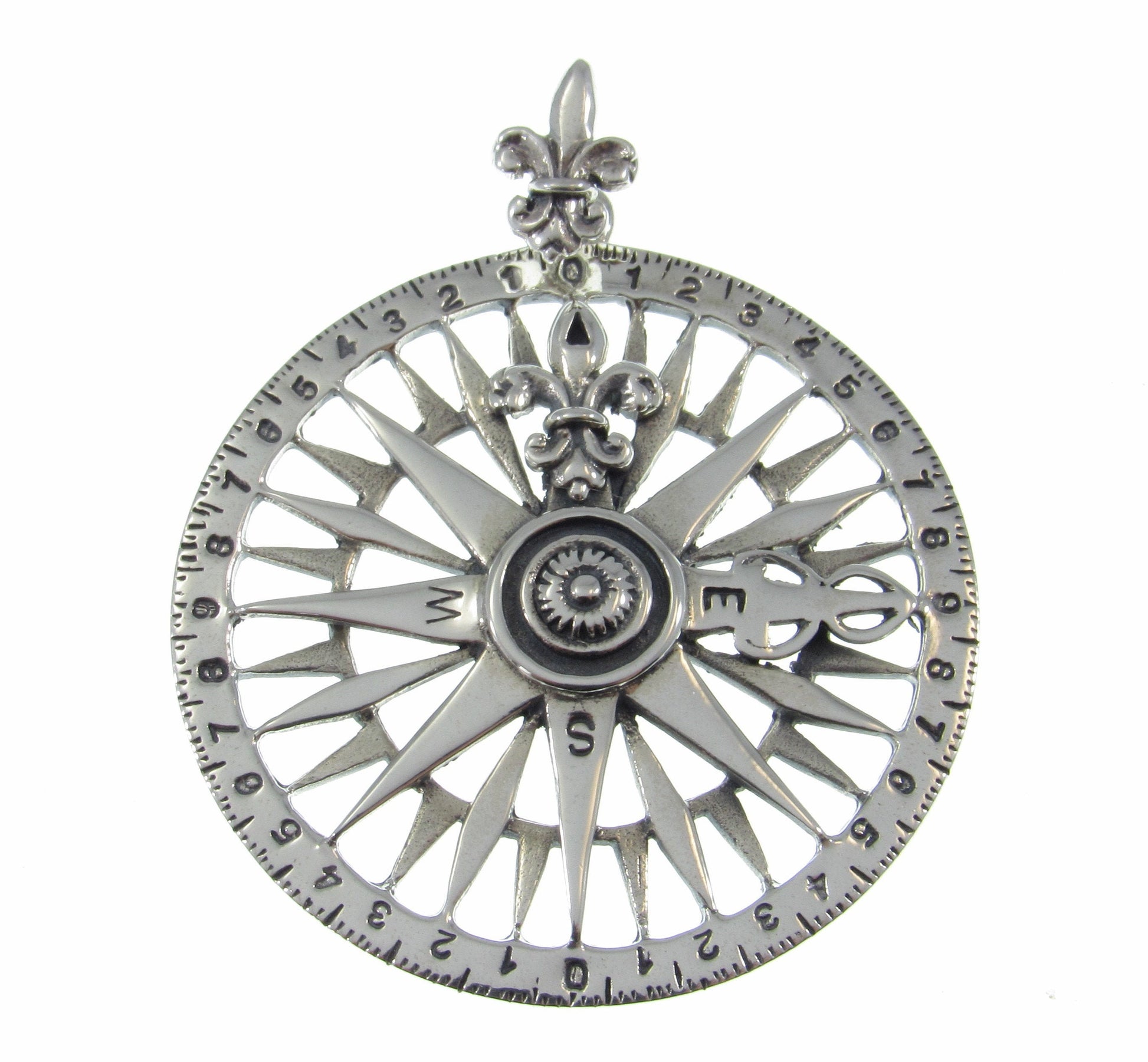 Solid 925 Sterling Silver Rose Compass Pendant, Celtic Tradition Talisman, Fleur De Lis Amulet, Nautical Marine Ocean Jewelry