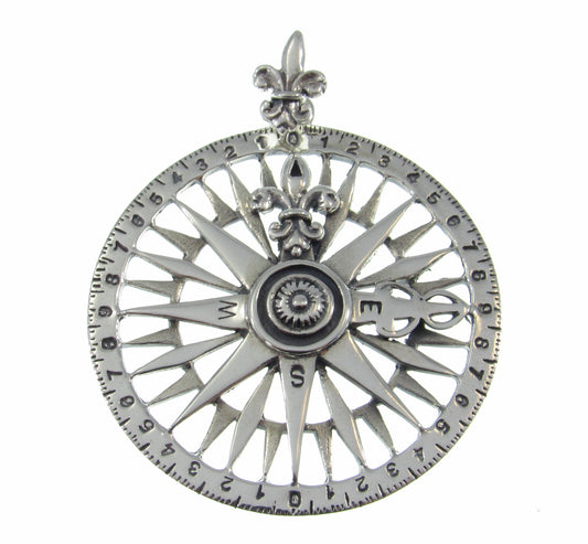 Solid 925 Sterling Silver Rose Compass Pendant, Celtic Tradition Talisman, Fleur De Lis Amulet, Nautical Marine Ocean Jewelry