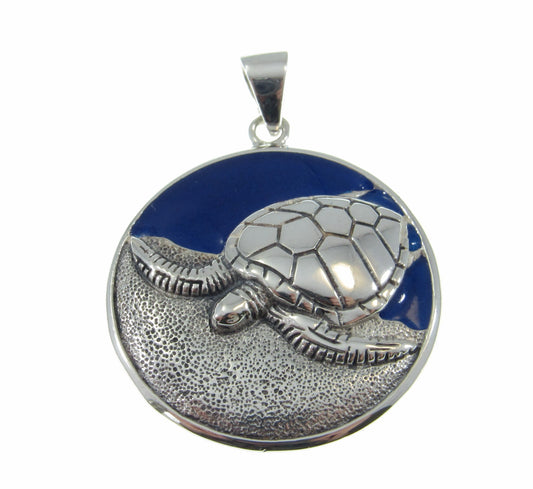 Solid 925 Sterling Silver Navy Blue Enamel Turtle Pendant, Spirit Animal Jewelry by Artist Ted Andrews, Handcrafted Protection Symbol