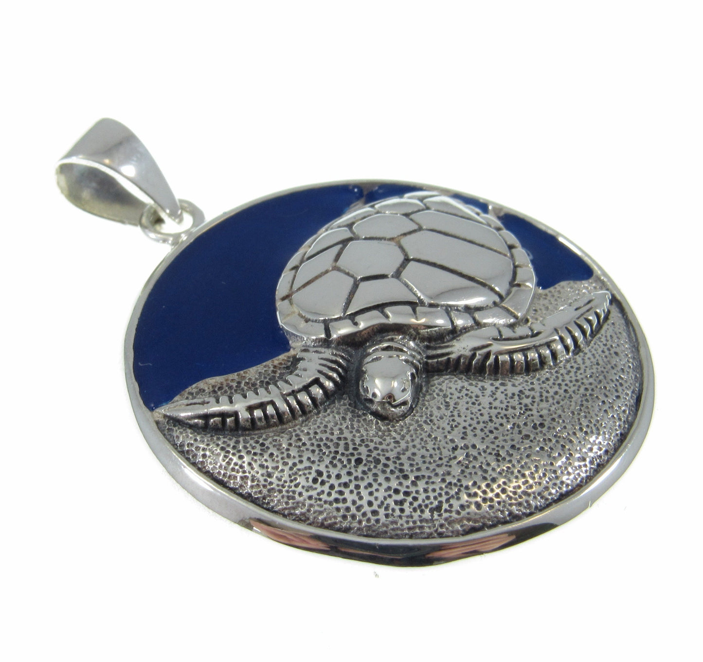 Solid 925 Sterling Silver Navy Blue Enamel Turtle Pendant, Spirit Animal Jewelry by Artist Ted Andrews, Handcrafted Protection Symbol