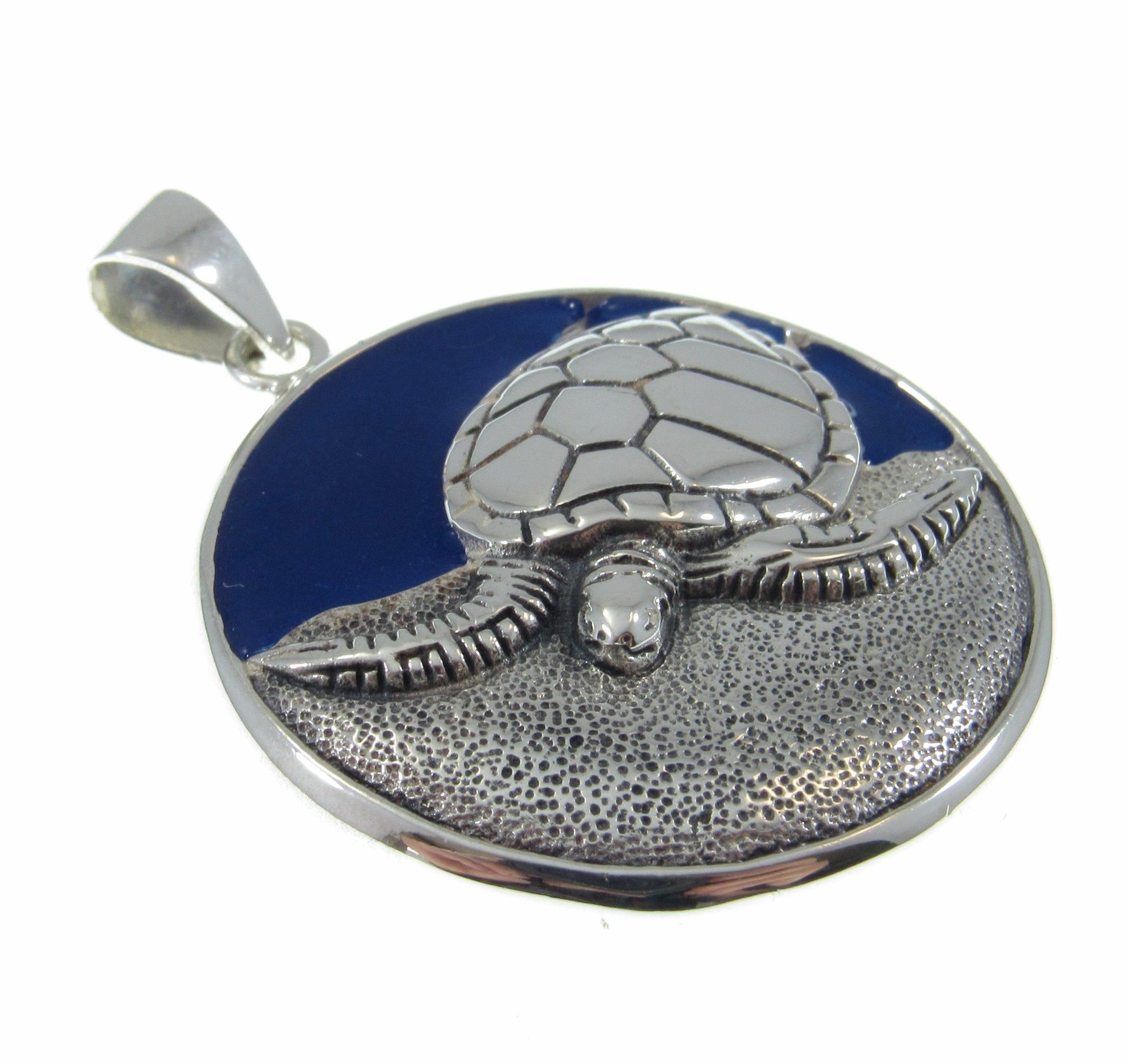 Solid 925 Sterling Silver Navy Blue Enamel Turtle Pendant, Spirit Animal Jewelry by Artist Ted Andrews, Handcrafted Protection Symbol