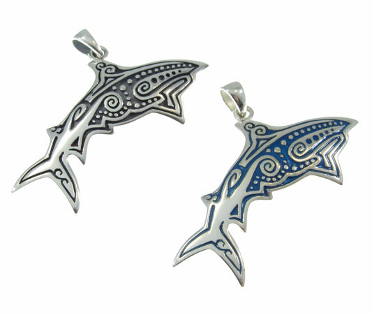 Solid 925 Sterling Silver Aboriginal Shark Pendant, Handcrafted Sea Ocean Life Jewelry, Choose Plain or Enamel, Nautical Gift Idea