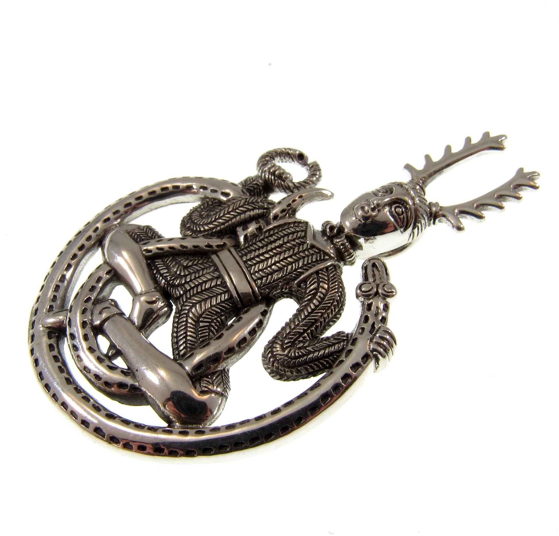 Solid 925 Sterling Silver Celtic God of the Underworld Cernunnos Pendant, Master of the Hunt, Horned God Amulet, 18k Gold Accent Jewelry