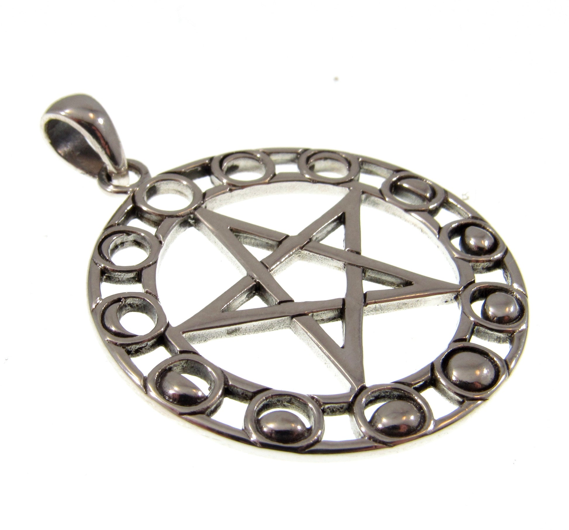 Solid 925 Sterling Silver Phases of the Moon Pentacle Pentagram Pendant by Maxine Miller, Powerful Pagan Wiccan Amulet