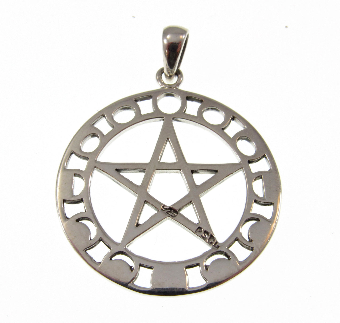 Solid 925 Sterling Silver Phases of the Moon Pentacle Pentagram Pendant by Maxine Miller, Powerful Pagan Wiccan Amulet