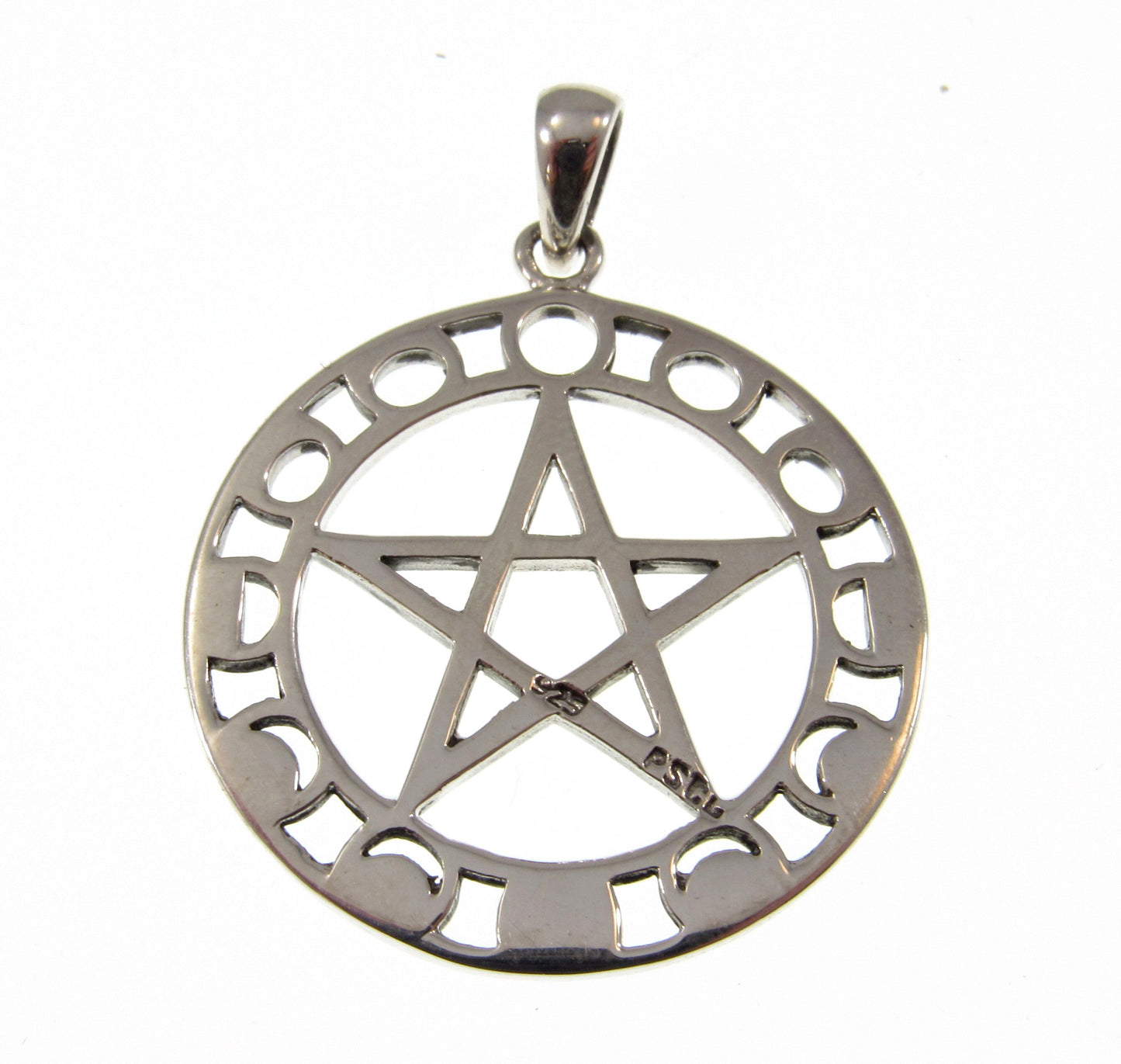 Solid 925 Sterling Silver Phases of the Moon Pentacle Pentagram Pendant by Maxine Miller, Powerful Pagan Wiccan Amulet