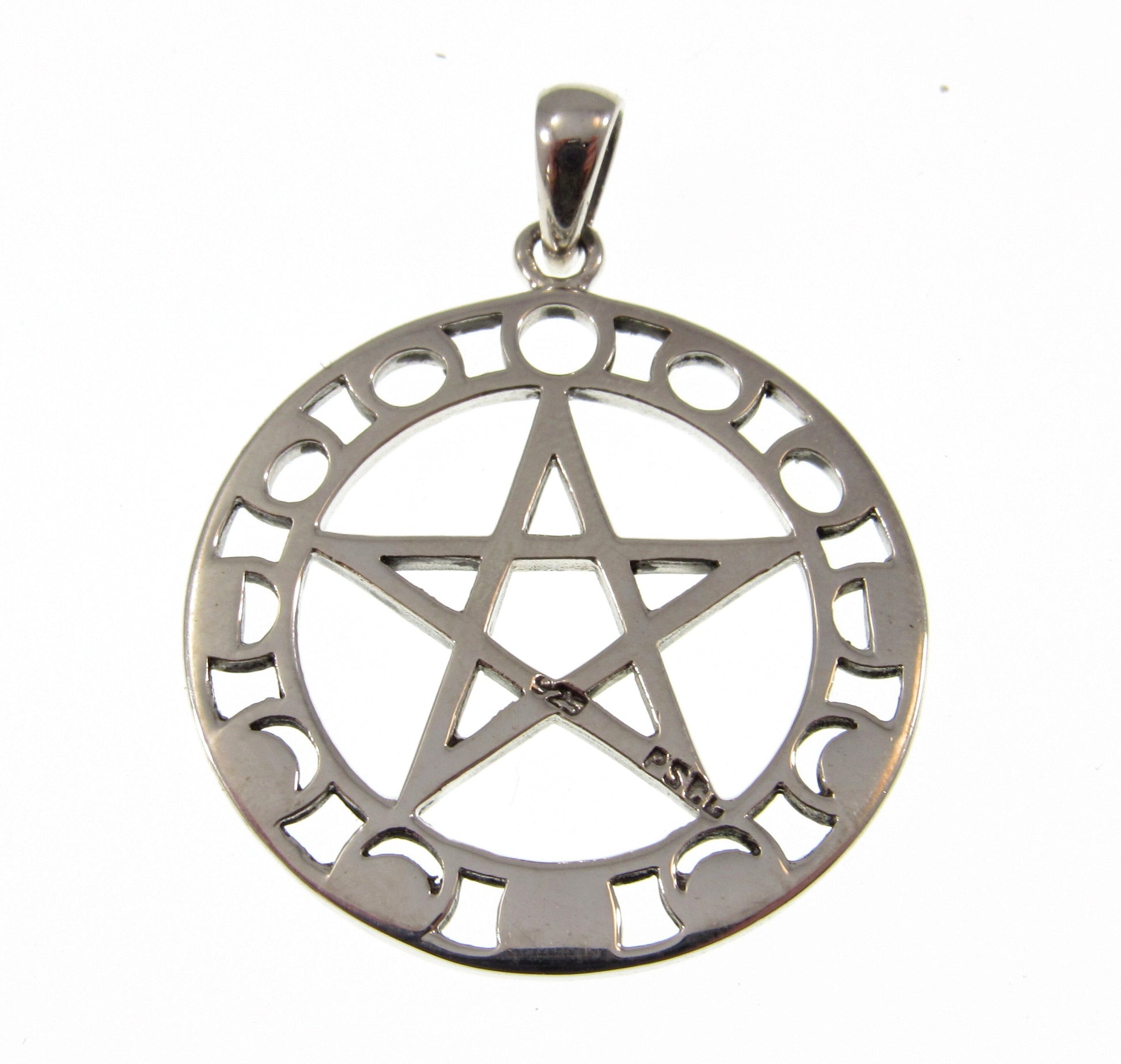 Solid 925 Sterling Silver Phases of the Moon Pentacle Pentagram Pendant by Maxine Miller, Powerful Pagan Wiccan Amulet