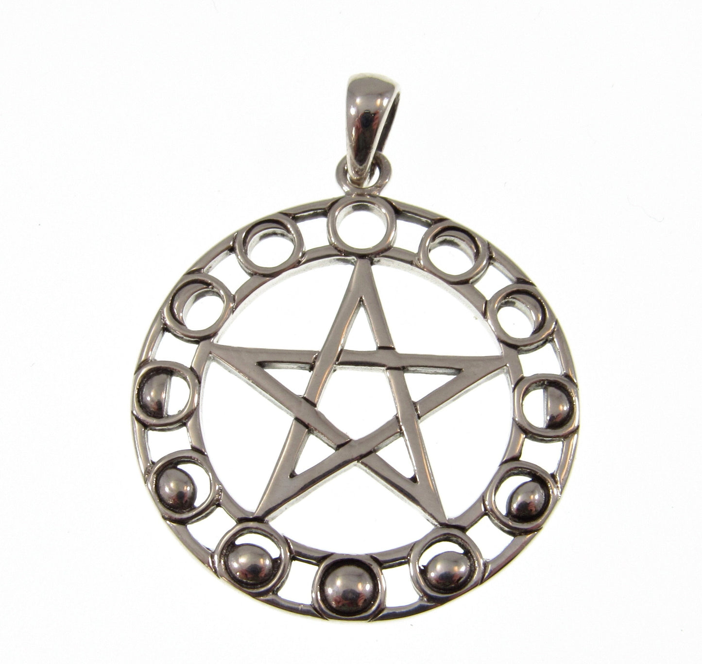 Solid 925 Sterling Silver Phases of the Moon Pentacle Pentagram Pendant by Maxine Miller, Powerful Pagan Wiccan Amulet