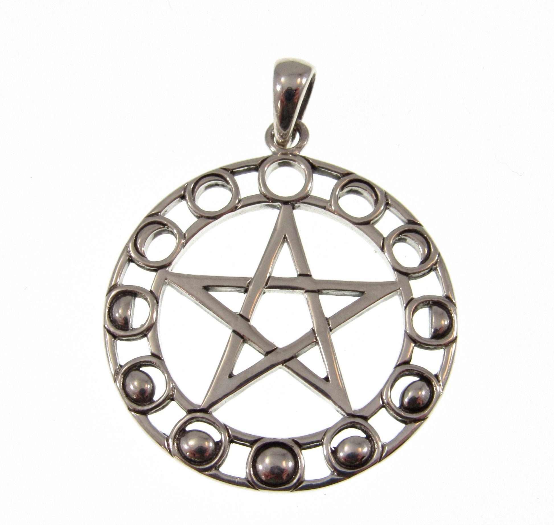 Solid 925 Sterling Silver Phases of the Moon Pentacle Pentagram Pendant by Maxine Miller, Powerful Pagan Wiccan Amulet