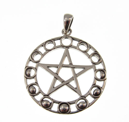 Solid 925 Sterling Silver Phases of the Moon Pentacle Pentagram Pendant by Maxine Miller, Powerful Pagan Wiccan Amulet