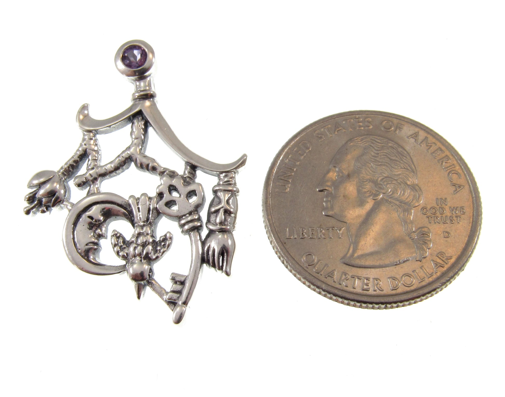 Solid 925 Sterling Silver Which is Witch Cimaruta Italian Charm Pendant With Faceted Amethyst, Neopagan Magick Amulet