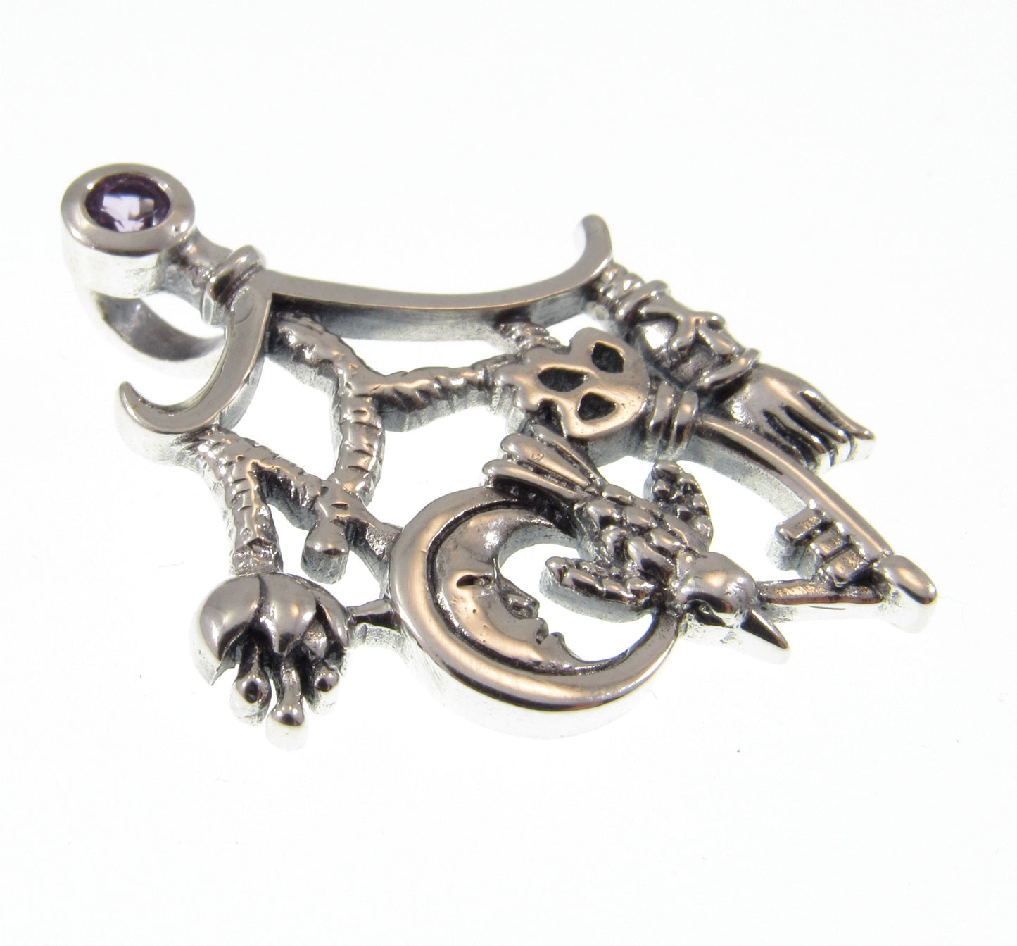 Solid 925 Sterling Silver Which is Witch Cimaruta Italian Charm Pendant With Faceted Amethyst, Neopagan Magick Amulet