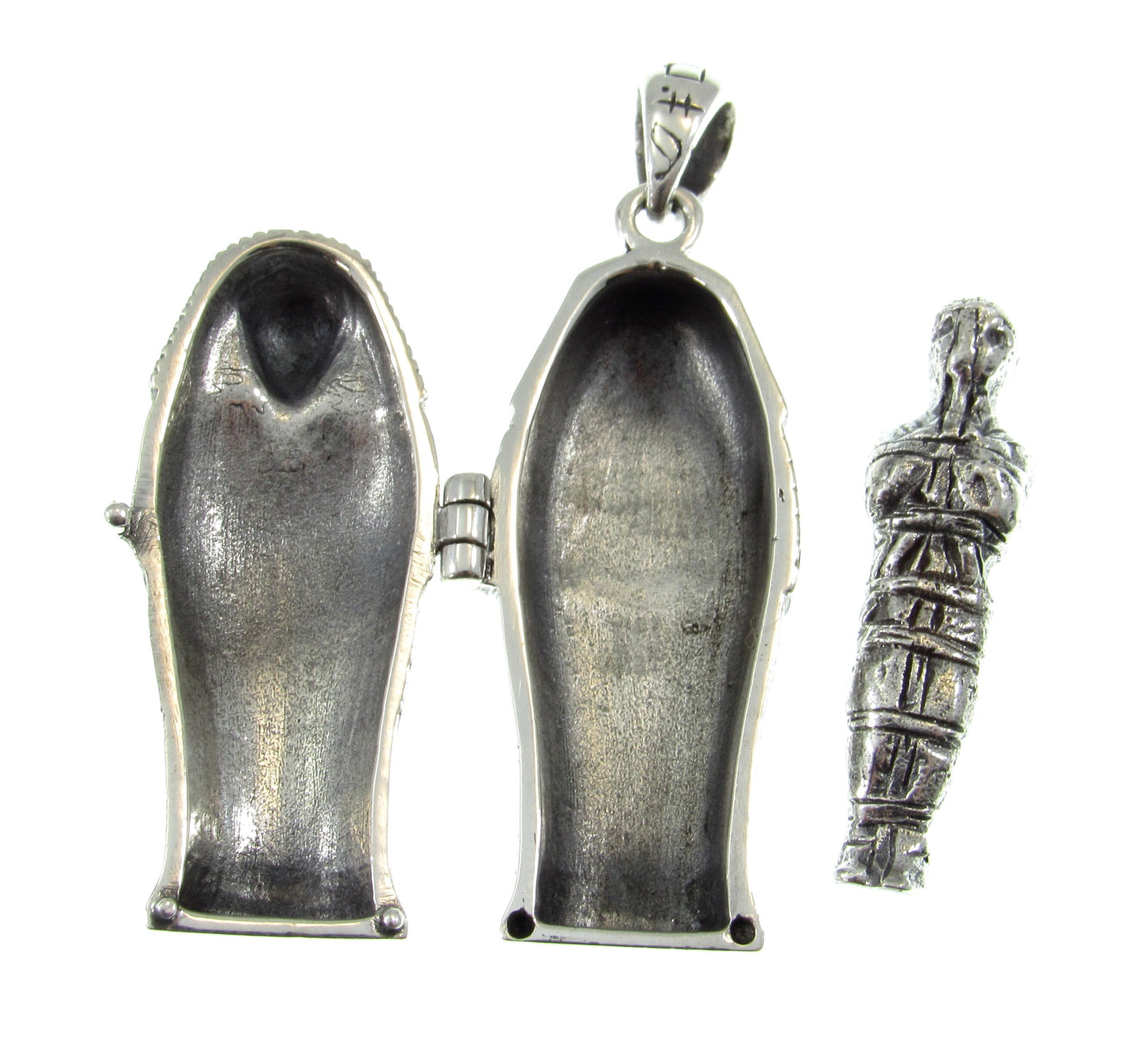 Solid 925 Sterling Silver Egyptian Hinged Sarcophagus with Hidden Mummy Pendant, Ancient Pharaoh Revealed