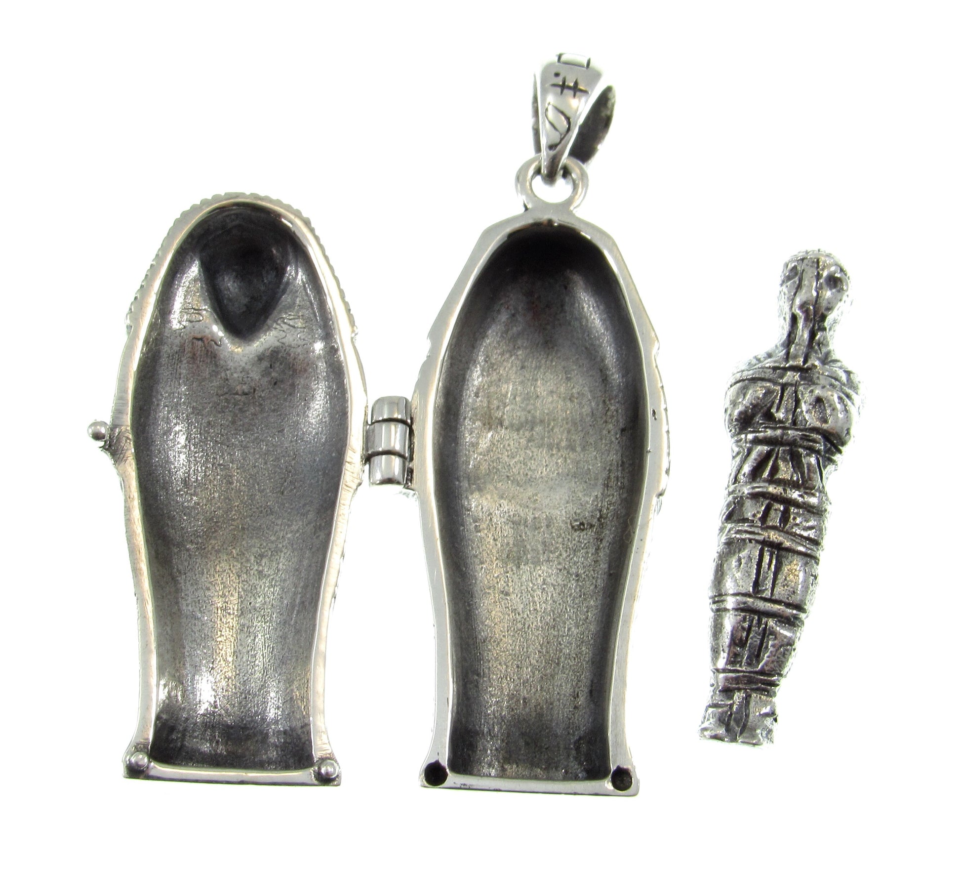 Solid 925 Sterling Silver Egyptian Hinged Sarcophagus with Hidden Mummy Pendant, Ancient Pharaoh Revealed