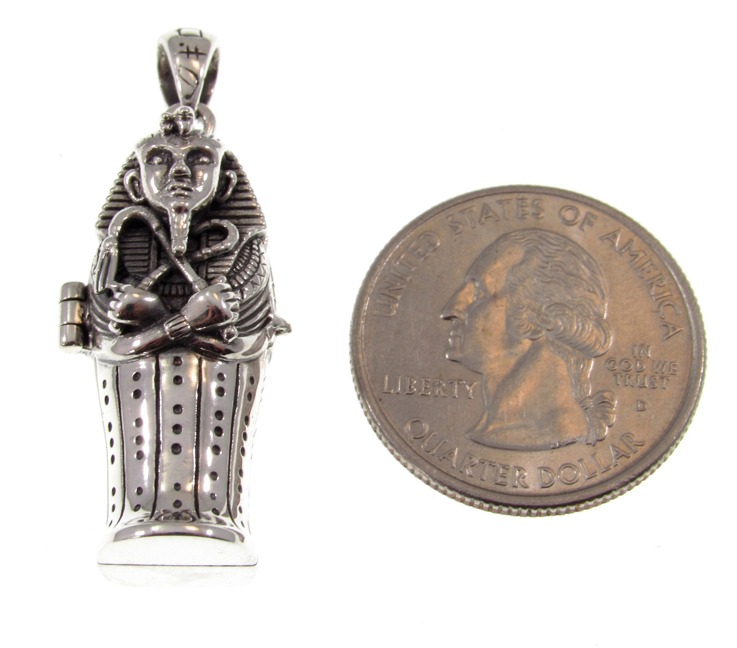 Solid 925 Sterling Silver Egyptian Hinged Sarcophagus with Hidden Mummy Pendant, Ancient Pharaoh Revealed