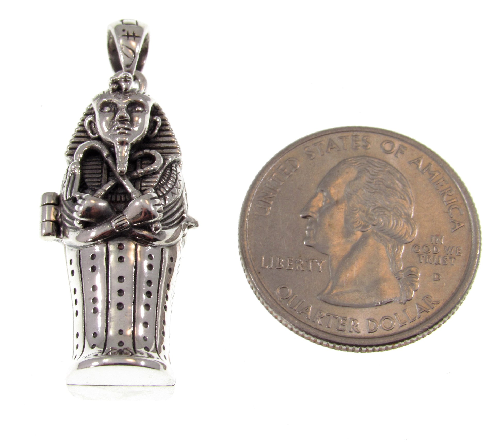 Solid 925 Sterling Silver Egyptian Hinged Sarcophagus with Hidden Mummy Pendant, Ancient Pharaoh Revealed