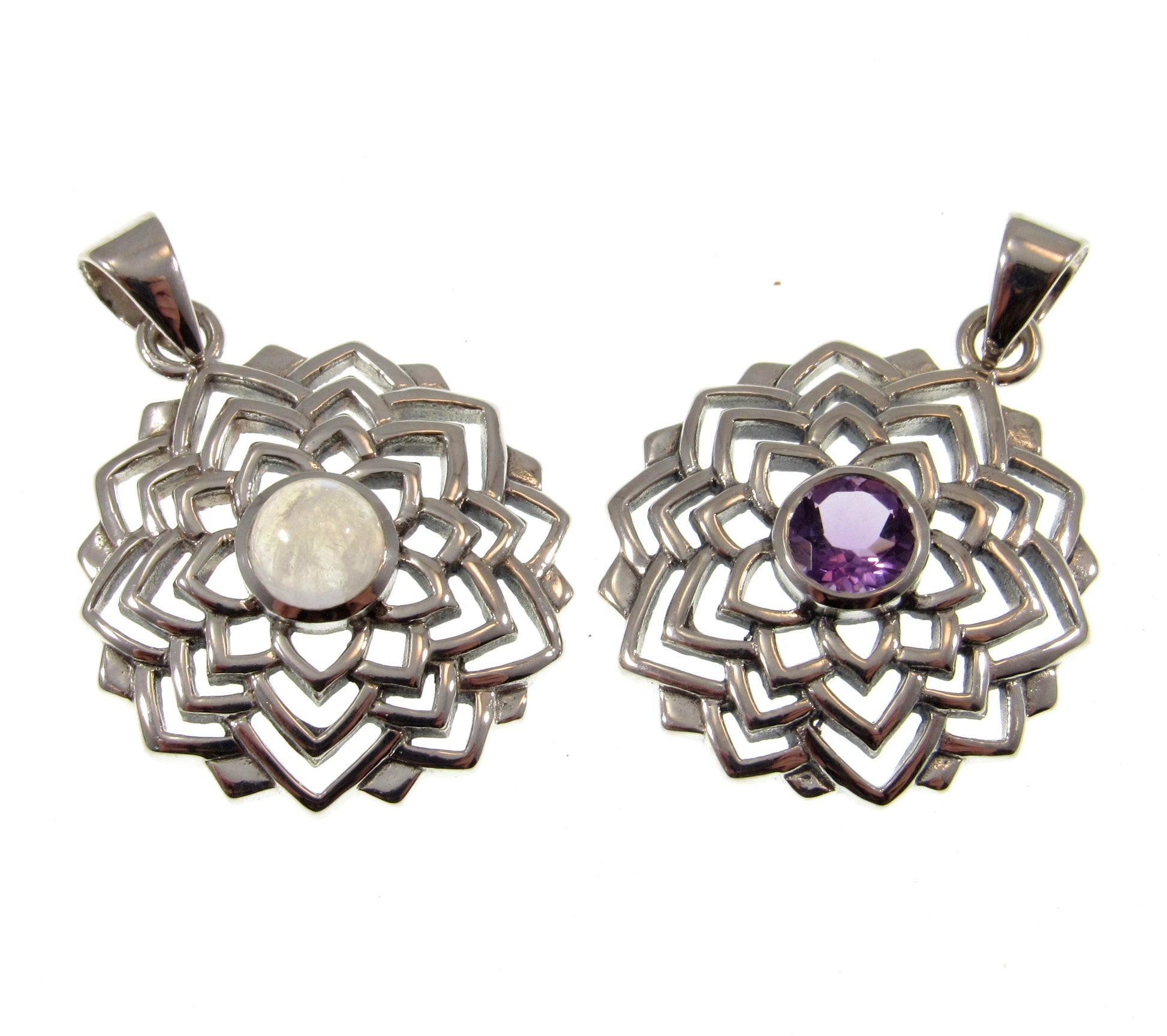 Solid 925 Sterling Silver Sahasrara Crown Chakra Pendant With Genuine Amethyst or Moonstone Gemstone, Handcrafted Sanatan Yoga Jewelry