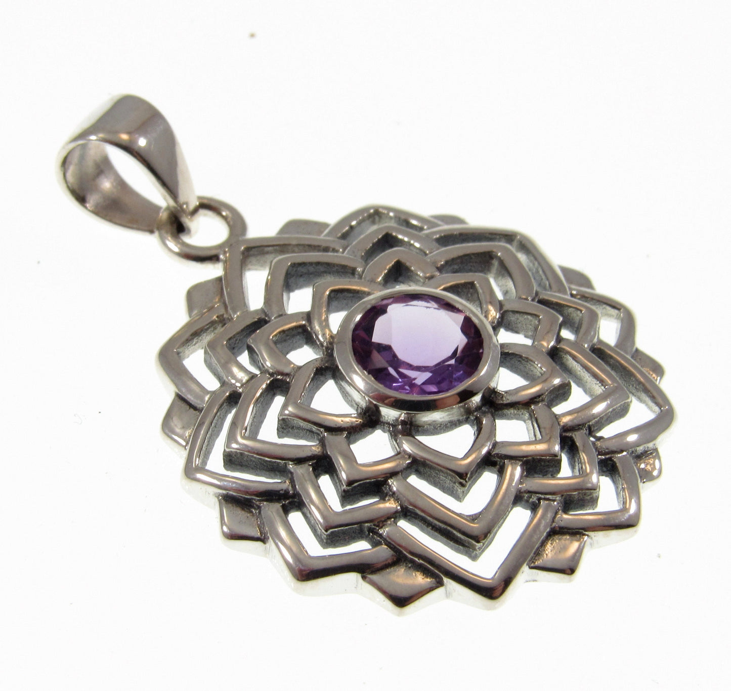 Solid 925 Sterling Silver Sahasrara Crown Chakra Pendant With Genuine Amethyst or Moonstone Gemstone, Handcrafted Sanatan Yoga Jewelry