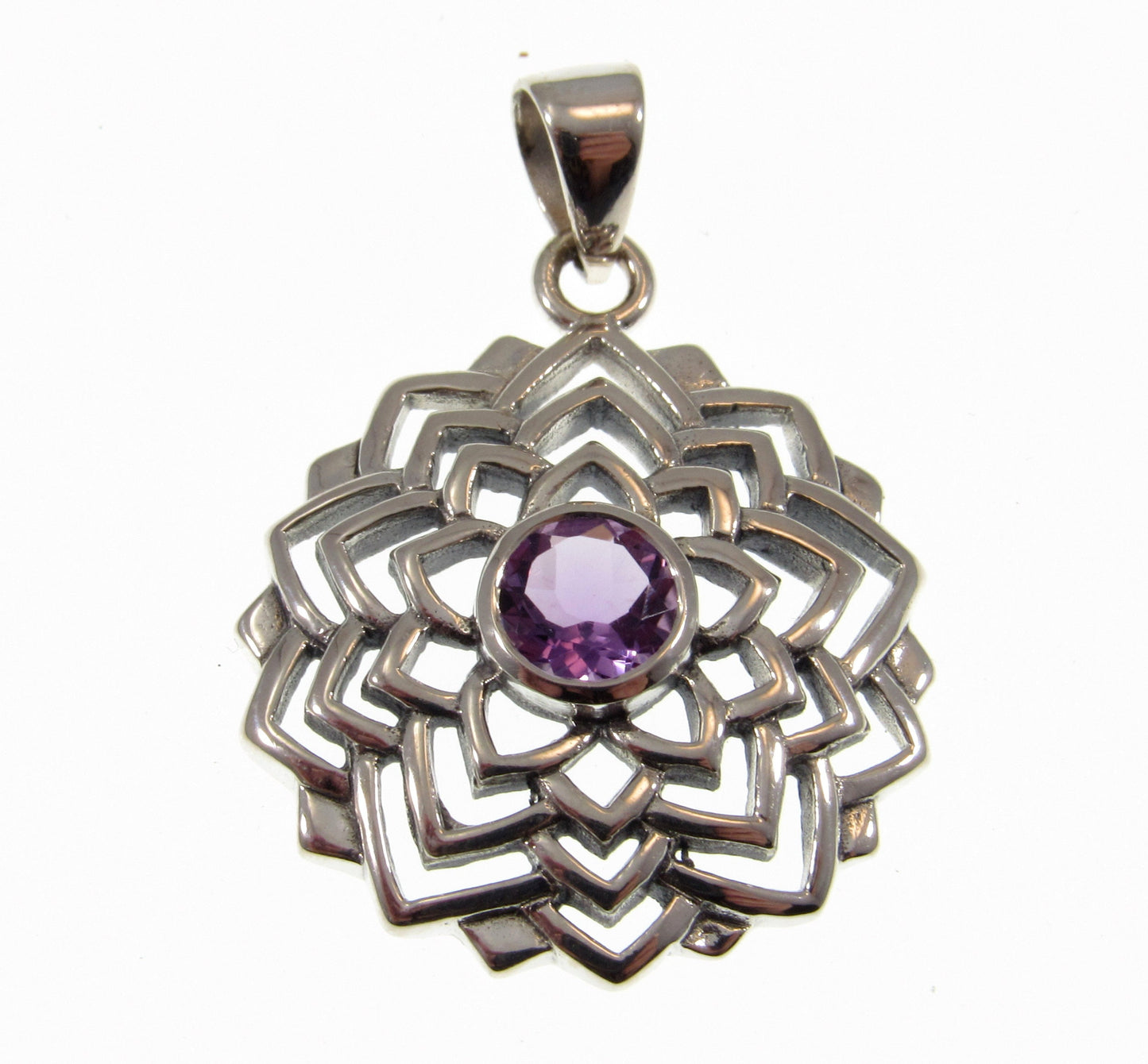 Solid 925 Sterling Silver Sahasrara Crown Chakra Pendant With Genuine Amethyst or Moonstone Gemstone, Handcrafted Sanatan Yoga Jewelry