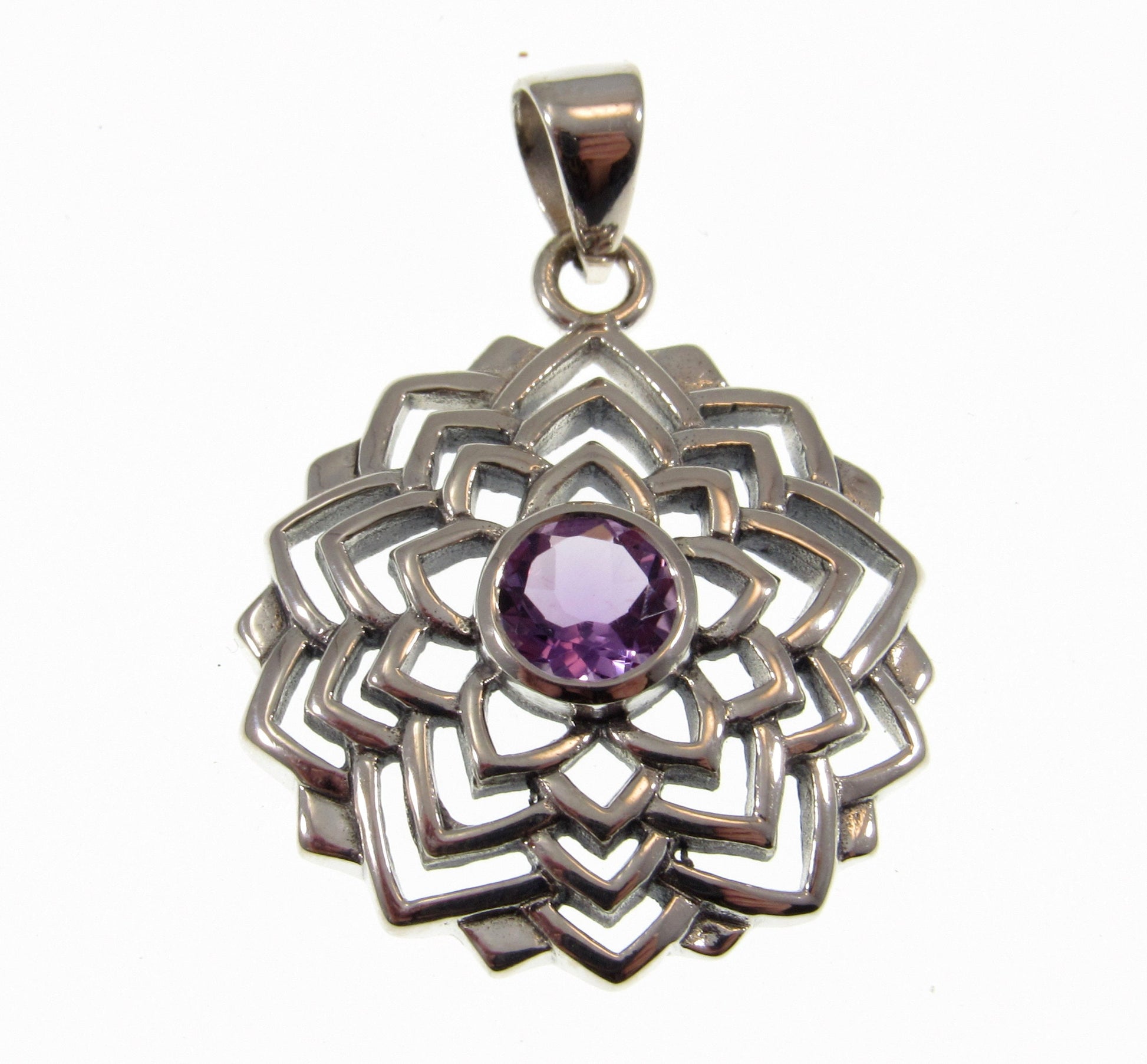 Solid 925 Sterling Silver Sahasrara Crown Chakra Pendant With Genuine Amethyst or Moonstone Gemstone, Handcrafted Sanatan Yoga Jewelry