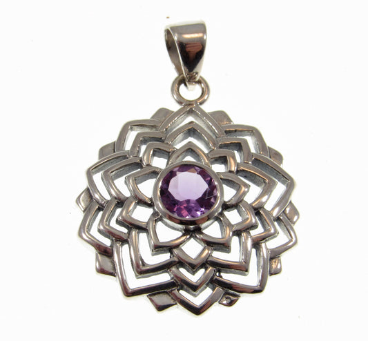 Solid 925 Sterling Silver Sahasrara Crown Chakra Pendant With Genuine Amethyst or Moonstone Gemstone, Handcrafted Sanatan Yoga Jewelry