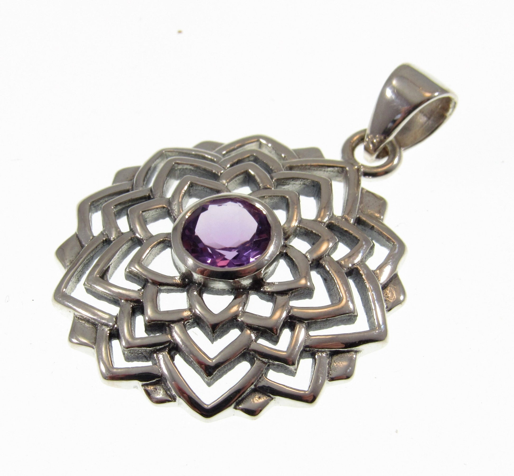 Solid 925 Sterling Silver Sahasrara Crown Chakra Pendant With Genuine Amethyst or Moonstone Gemstone, Handcrafted Sanatan Yoga Jewelry