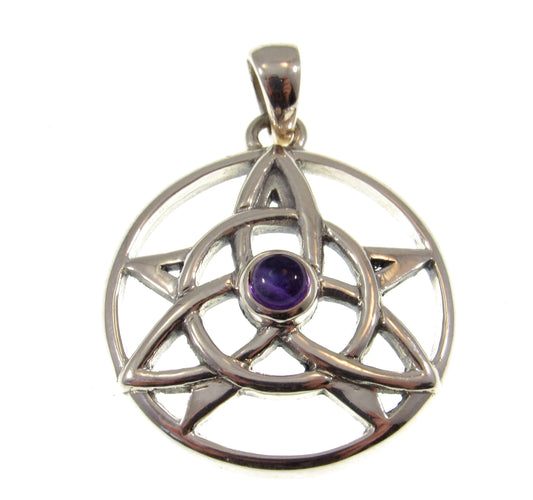 Solid 925 Sterling Silver Druid Amulet With Gemstone, Celtic Trinity Knot & Pentagram Star Pendant, Magical Protection and Wisdon Talisman