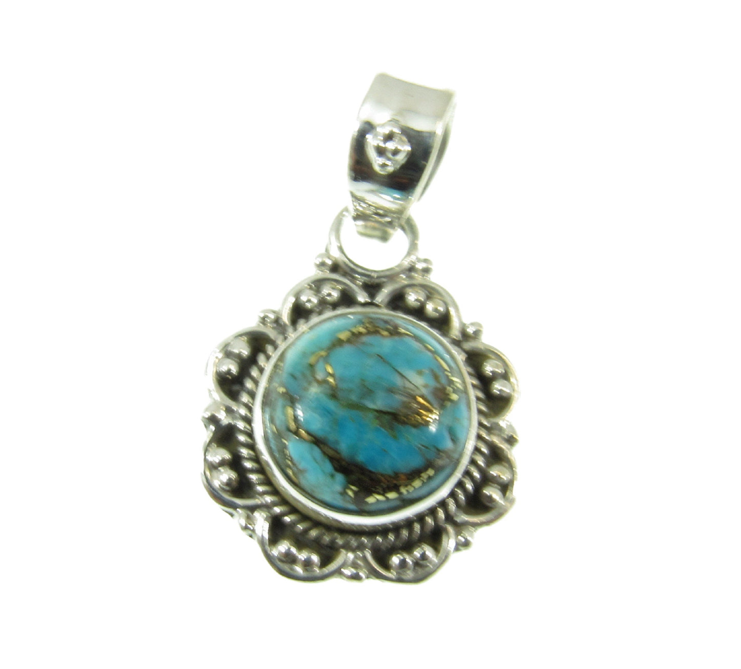 Handcrafted Solid 925 Sterling Silver and Copper Turquoise Cabochon Pendant
