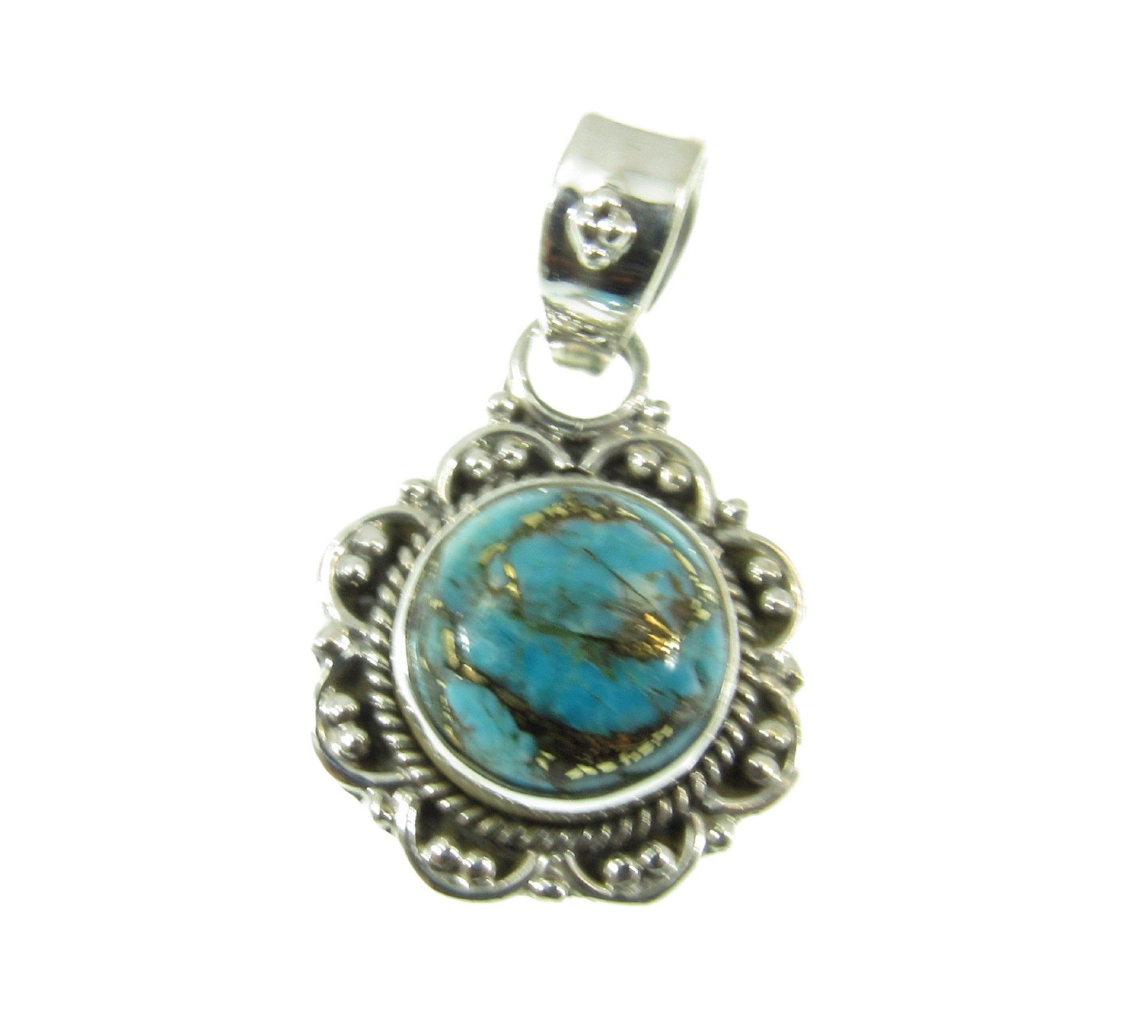 Handcrafted Solid 925 Sterling Silver and Copper Turquoise Cabochon Pendant