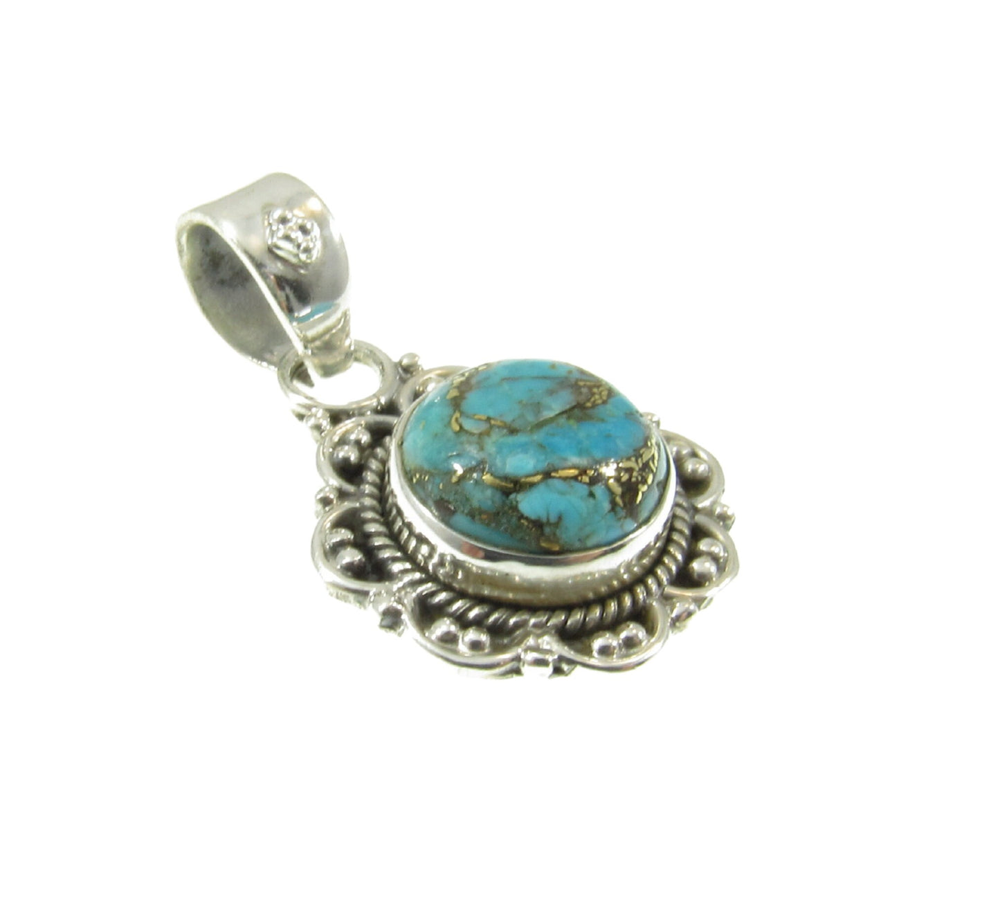 Handcrafted Solid 925 Sterling Silver and Copper Turquoise Cabochon Pendant