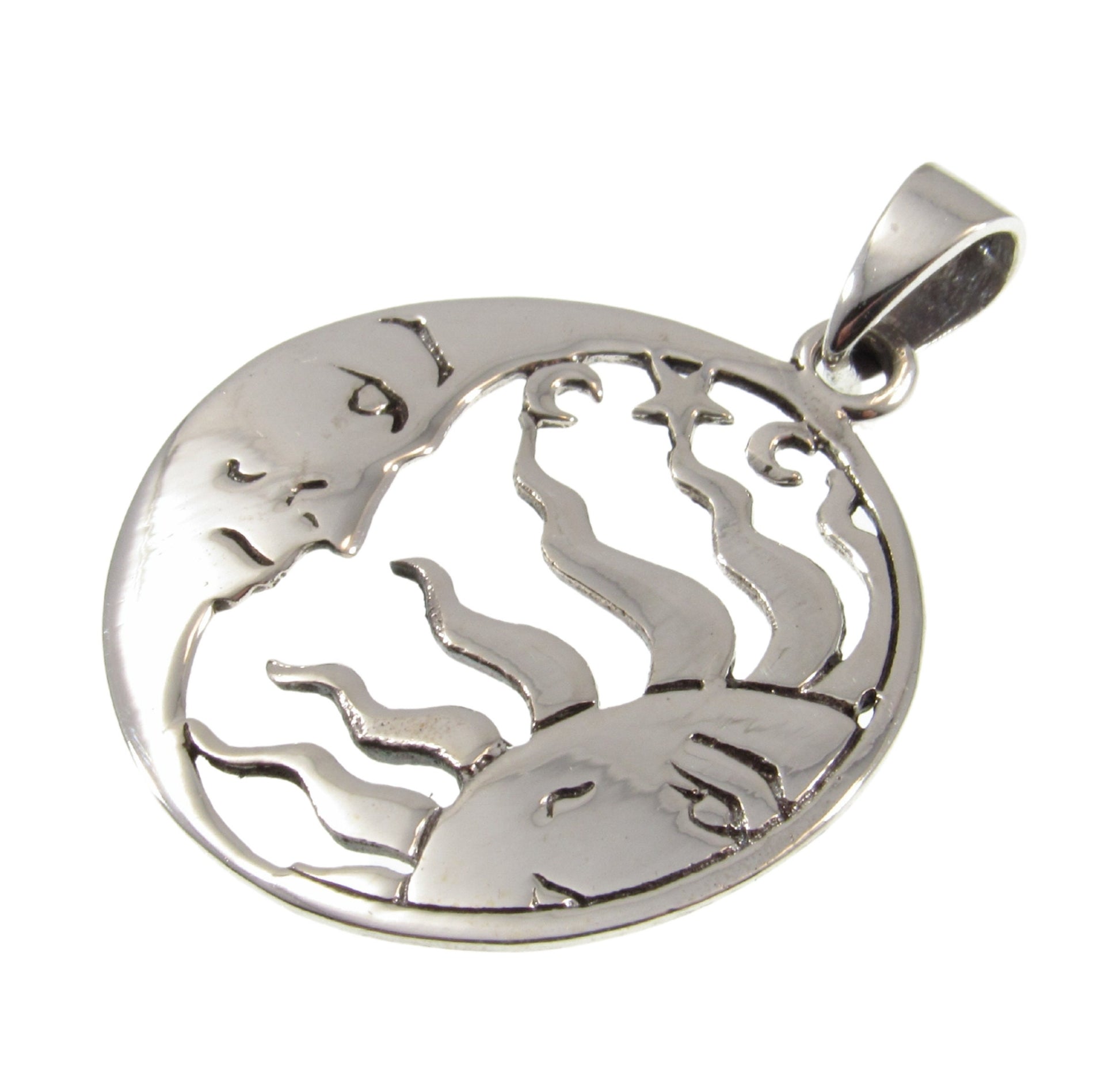 Solid 925 Sterling Silver Crescent Moon And Sun Pendant, Ying Yang Man & Woman Faces, Boho Lunar Amulet, Necklace Charm, Astrology Gift