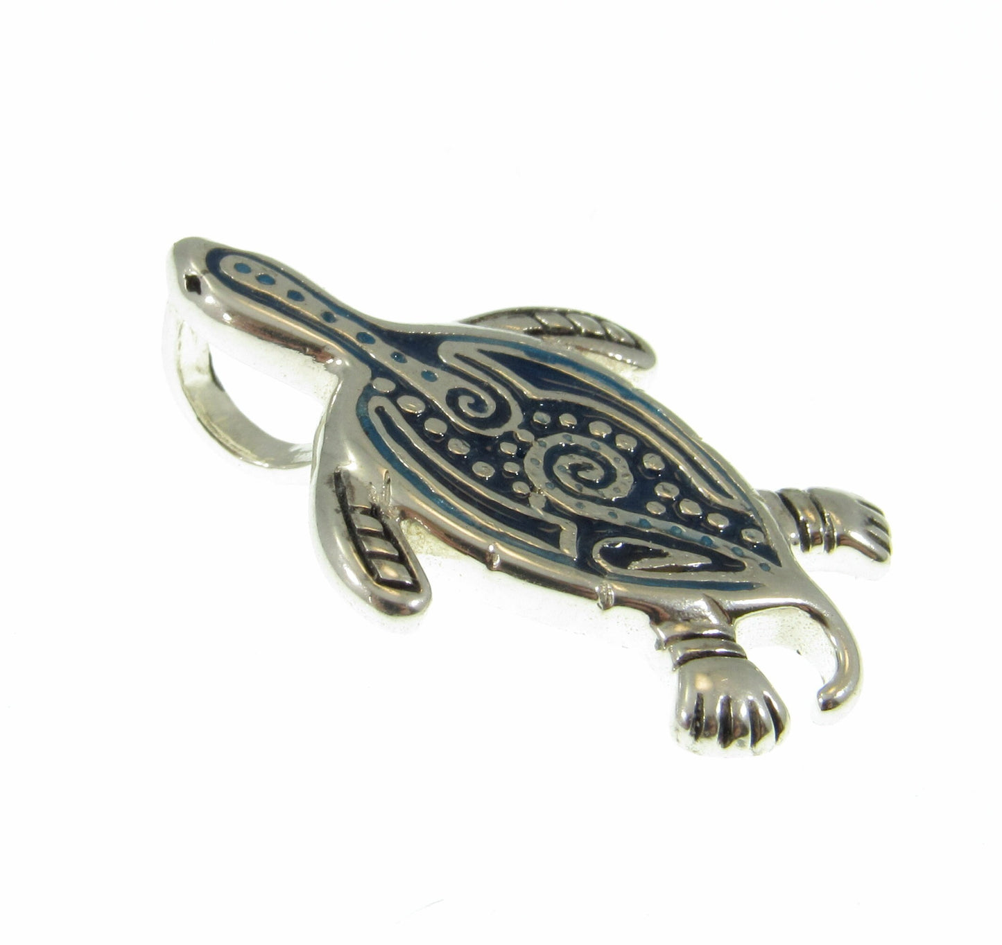 Solid 925 Sterling Silver Aboriginal Turtle Slide Pendant, Choose Blue Enamal Accents, Turtle Spirit Animal Protection