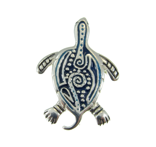 Solid 925 Sterling Silver Aboriginal Turtle Slide Pendant, Choose Blue Enamal Accents, Turtle Spirit Animal Protection