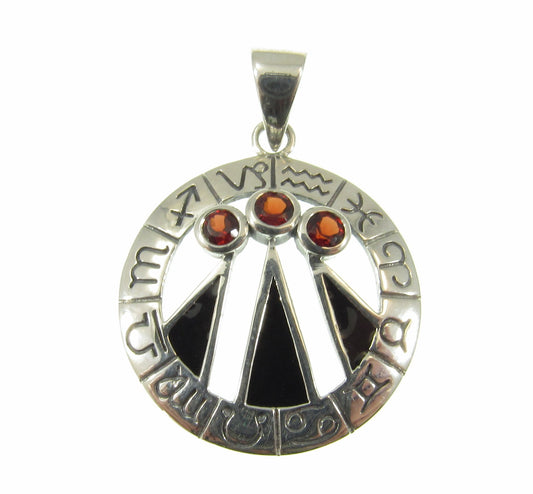 Solid 925 Sterling Silver Zodiac Wheel With Awen The Three Rays of Light, Druid Pendant, Choose Gemstone: Amethyst, Garnet, or Topaz