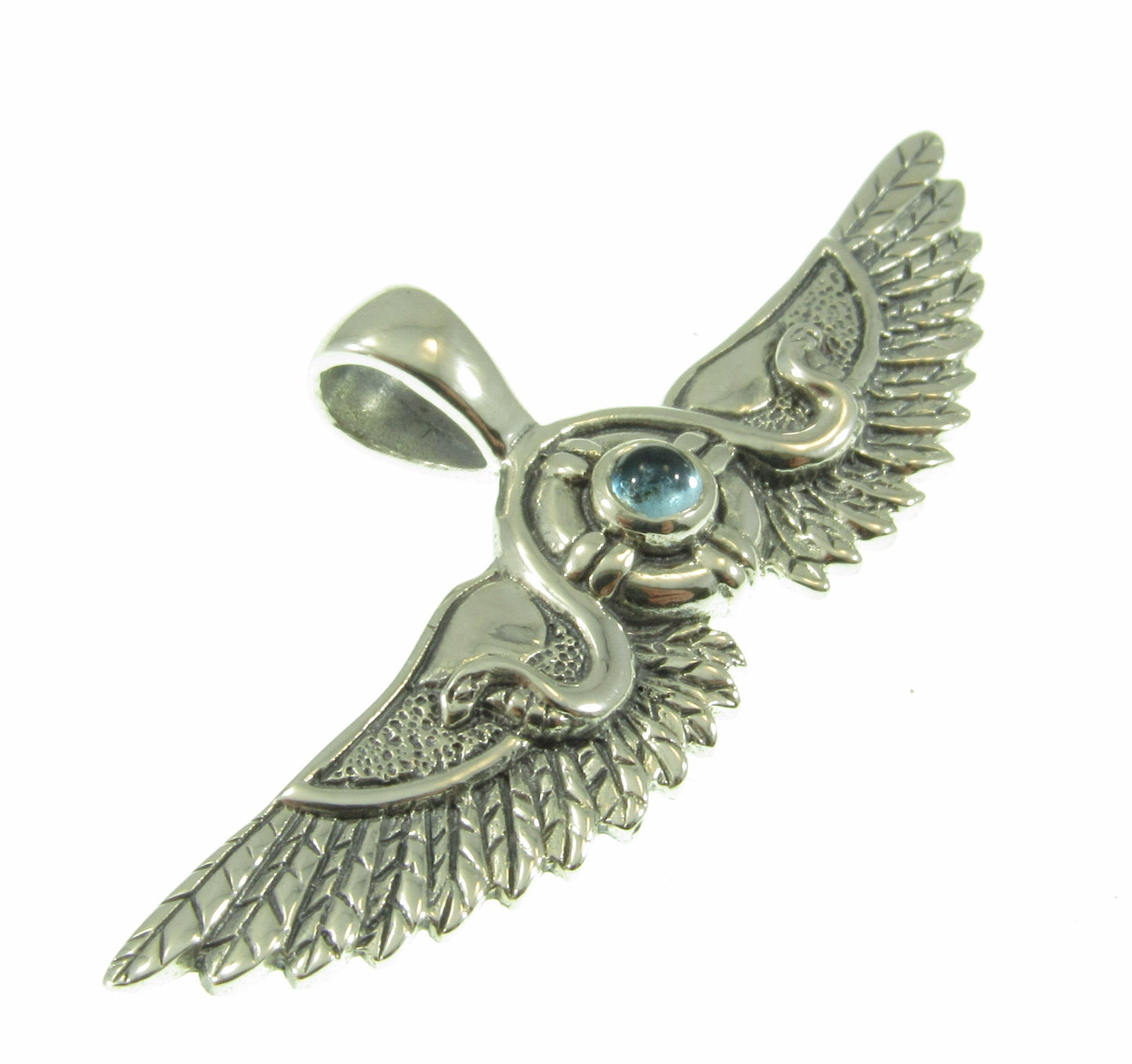 Solid 925 Sterling Silver Egyptian Outspread Falcon Wings Pendant, 2 Serpents and genuine gemstone sun disc, amethyst, garnet, or blue topaz