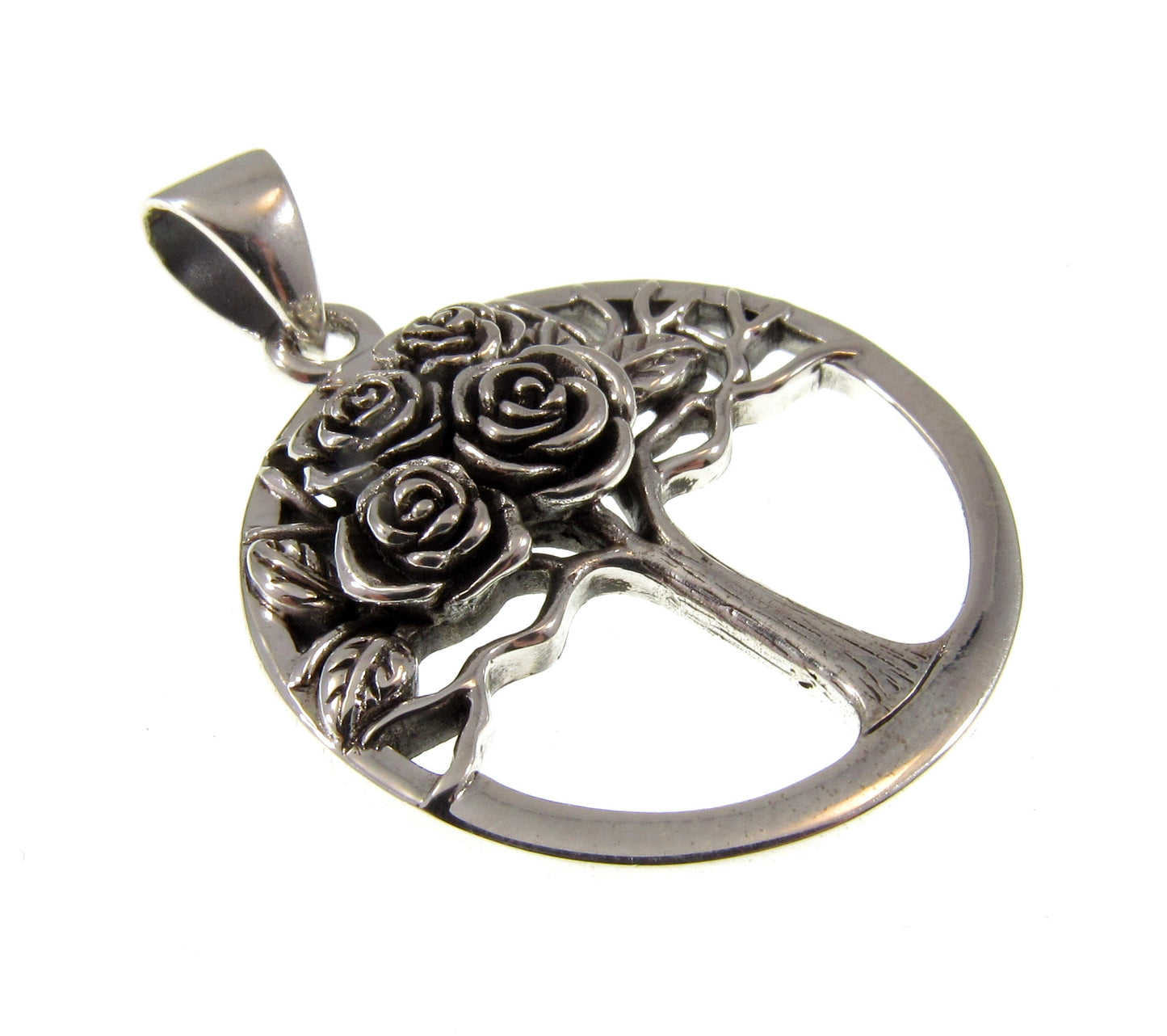 Solid 925 Sterling Silver Tree of Life With Roses Pendant, Handcrafted Yggdrasil Jewelry, Cycle of Life Symbol of the Afterlife