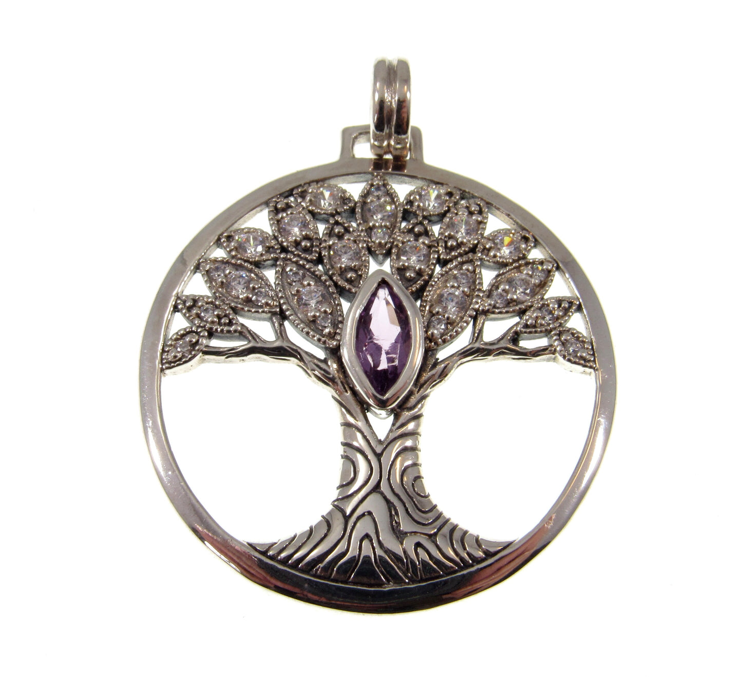 Solid 925 Sterling Silver Wondrous Tree of Life Pendant With Faceted Marquis Gemstone, Choose Amethyst, Garnet, Peridot, or Topaz