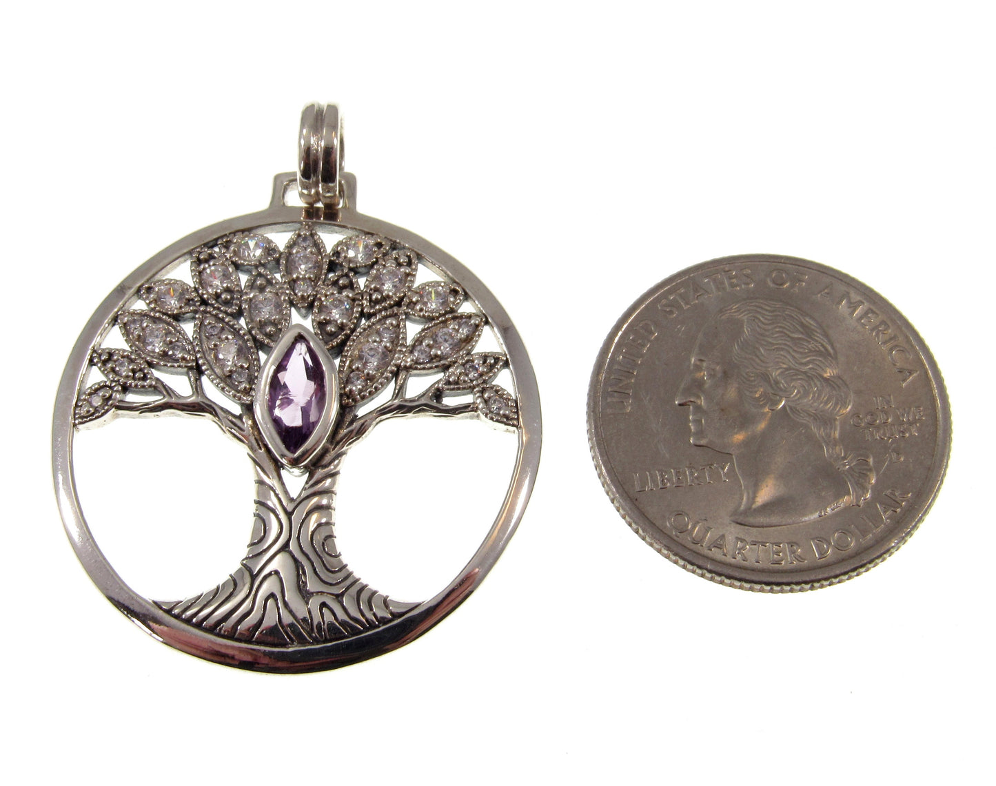 Solid 925 Sterling Silver Wondrous Tree of Life Pendant With Faceted Marquis Gemstone, Choose Amethyst, Garnet, Peridot, or Topaz