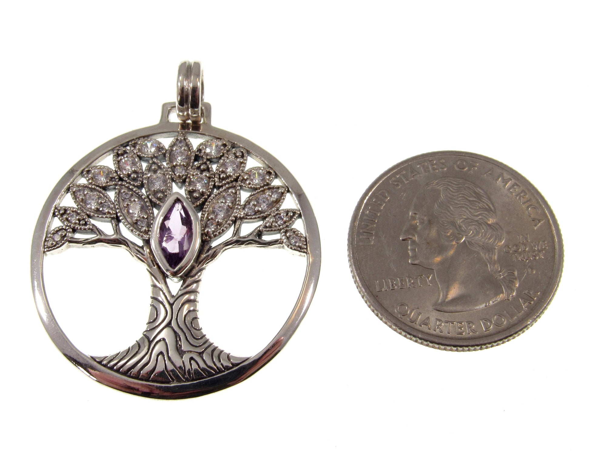 Solid 925 Sterling Silver Wondrous Tree of Life Pendant With Faceted Marquis Gemstone, Choose Amethyst, Garnet, Peridot, or Topaz