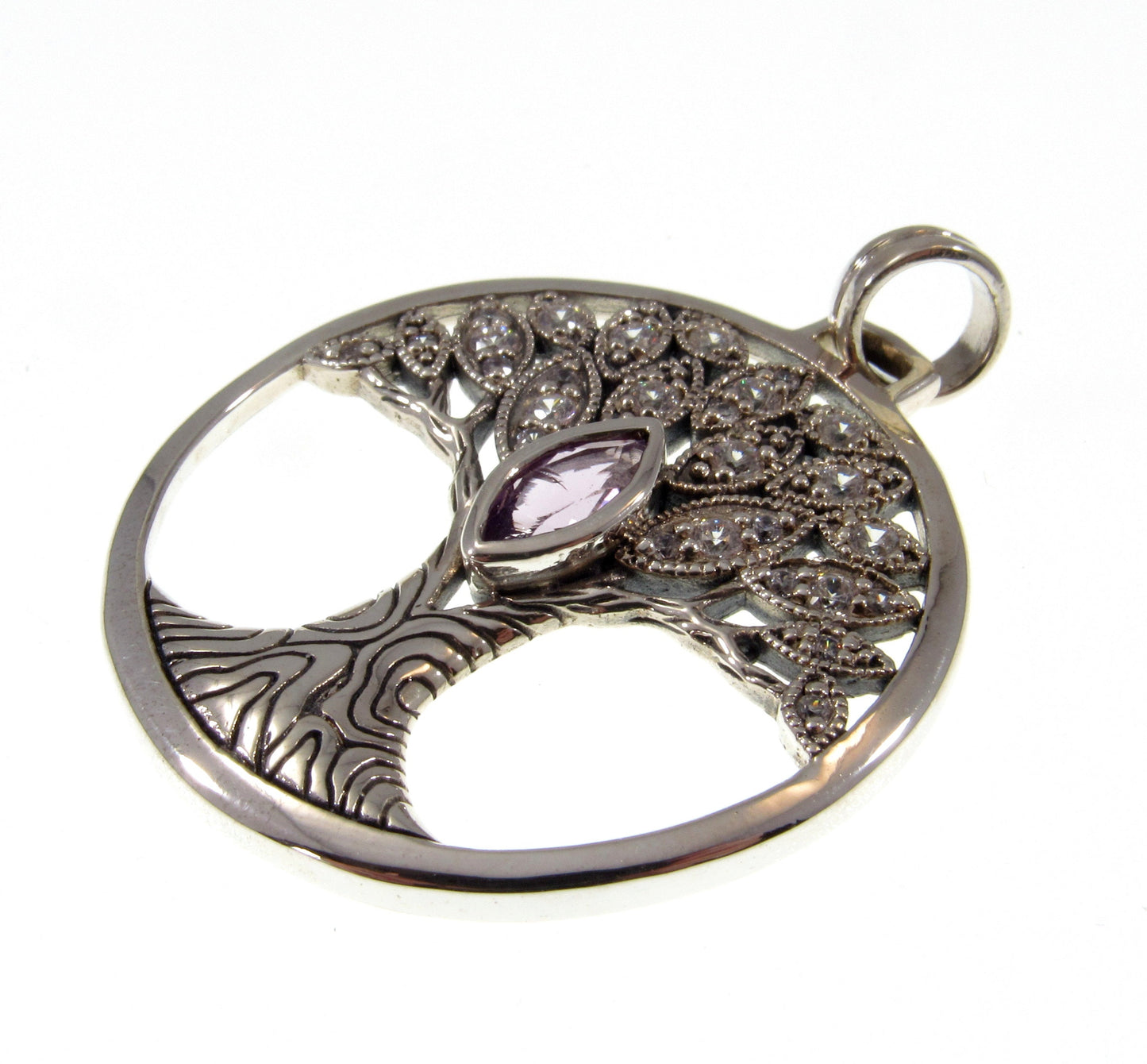 Solid 925 Sterling Silver Wondrous Tree of Life Pendant With Faceted Marquis Gemstone, Choose Amethyst, Garnet, Peridot, or Topaz