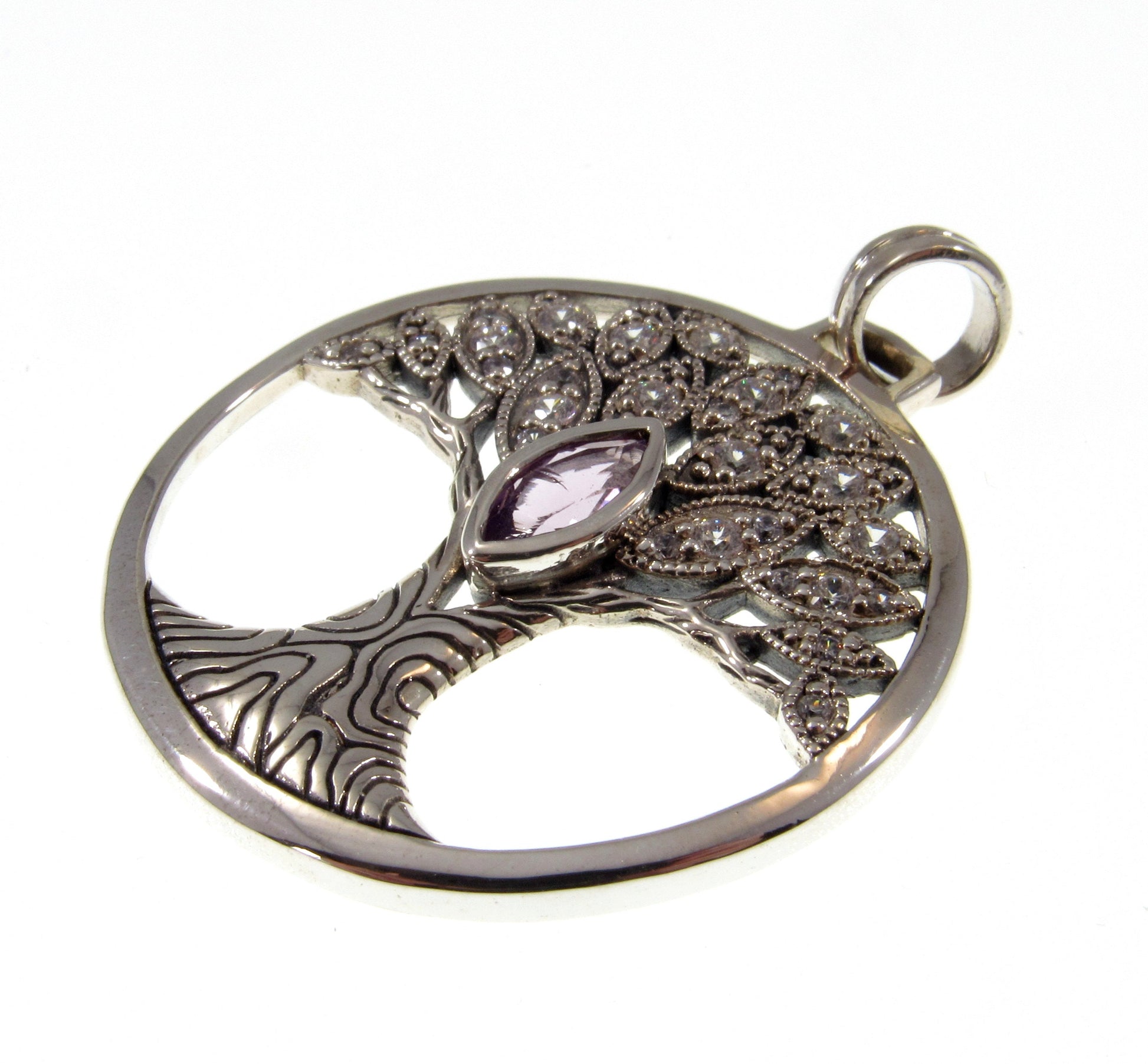 Solid 925 Sterling Silver Wondrous Tree of Life Pendant With Faceted Marquis Gemstone, Choose Amethyst, Garnet, Peridot, or Topaz