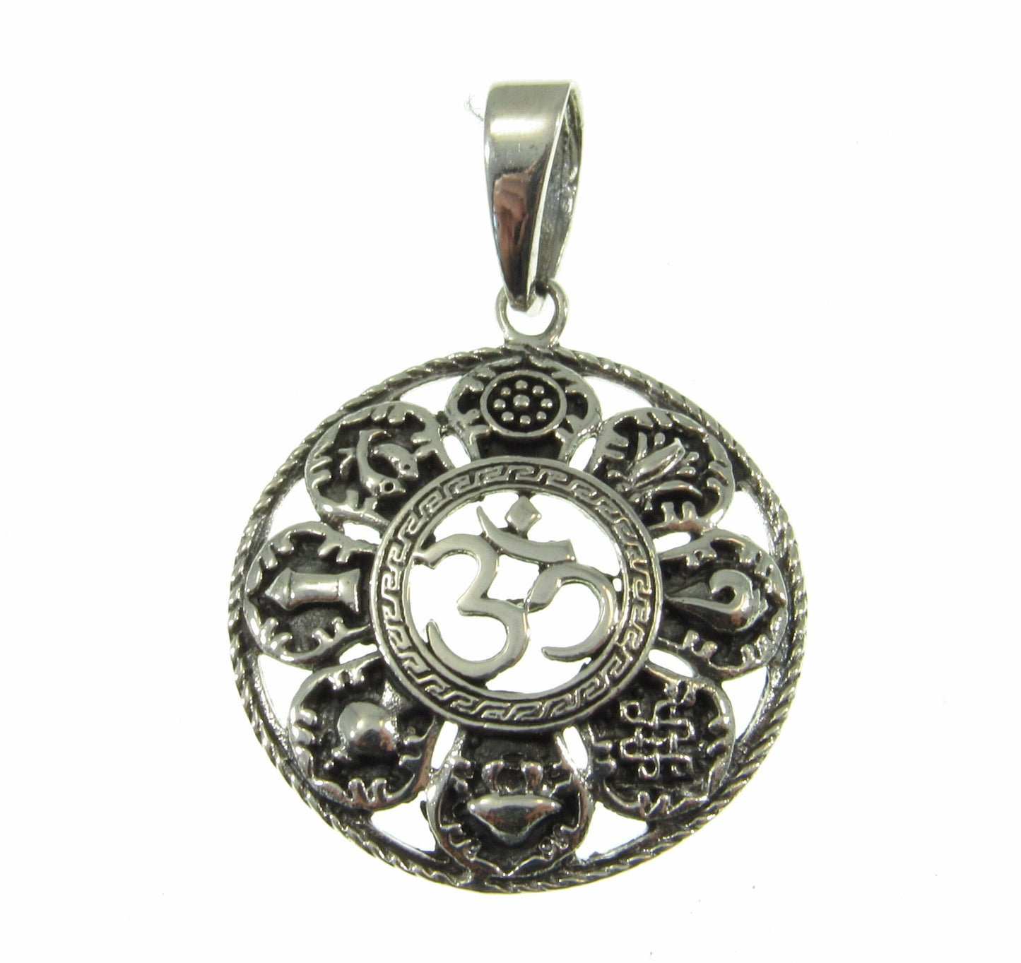 Solid 925 Sterling Silver OM/AUM/OHM Pendant With 8 Auspicious Symbols of Buddhism, Ashtamangala Amulet, Small or Large Size