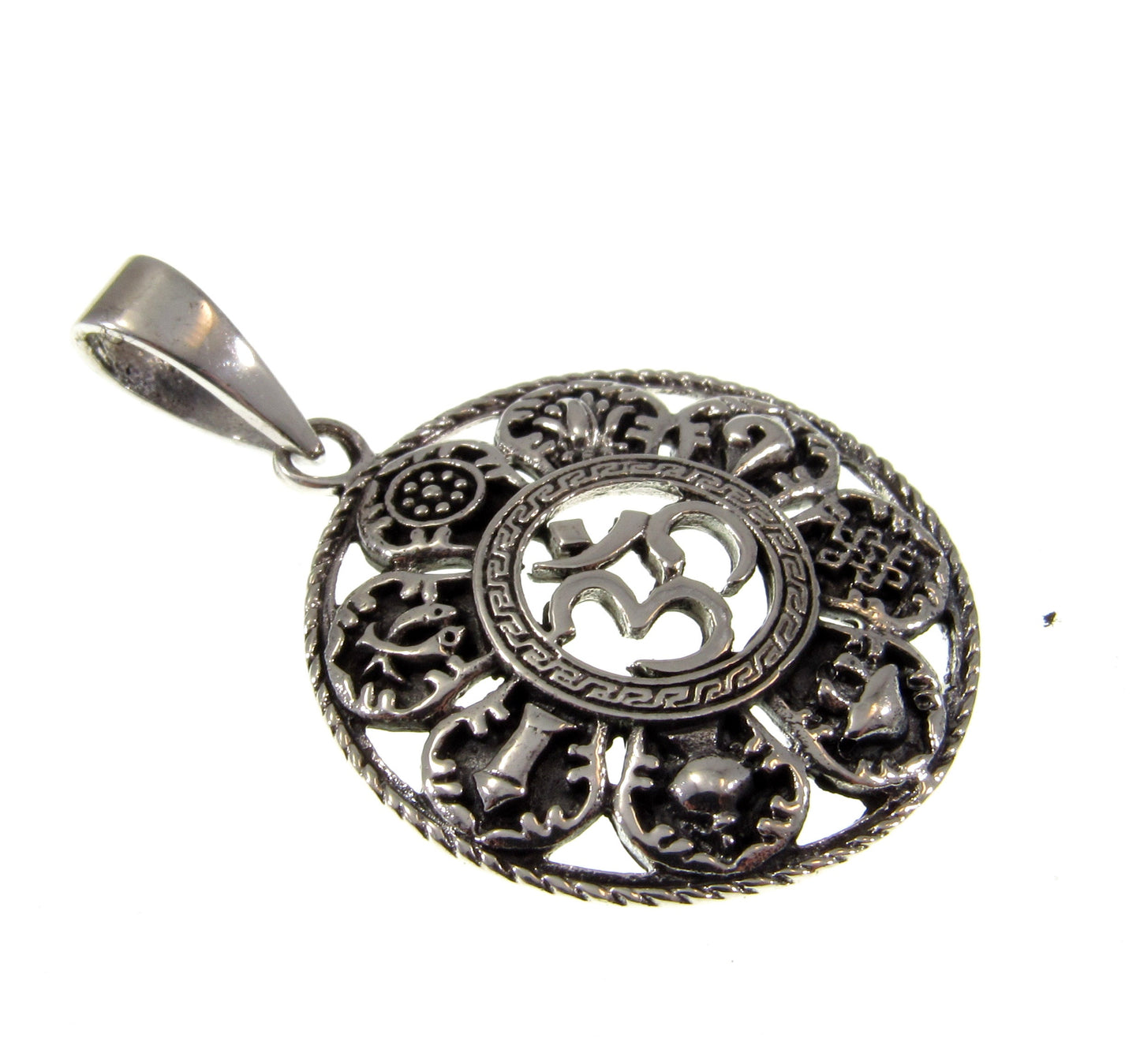 Solid 925 Sterling Silver OM/AUM/OHM Pendant With 8 Auspicious Symbols of Buddhism, Ashtamangala Amulet, Small or Large Size